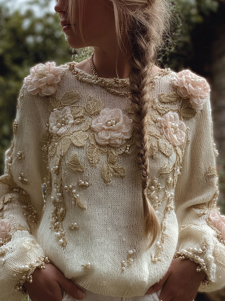 Bohemian Style Three-dimensional Pink Flower Knitted Pattern Women's V-neck Long-sleeve Knitted Sweater