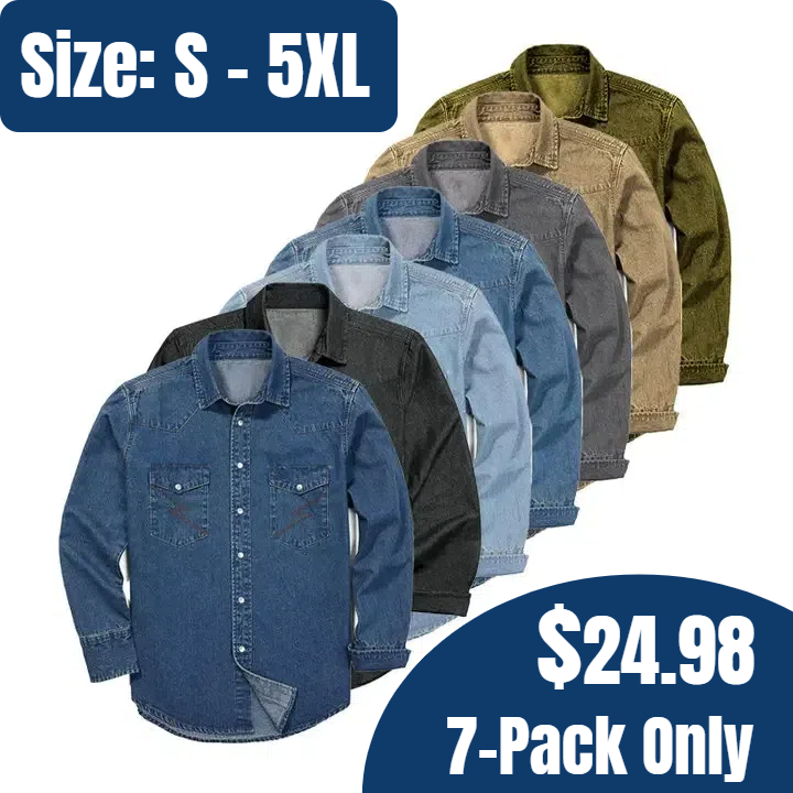 🔥Men's Long Sleeve Stone-Washed and Pre-Washed Denim Work Shirt