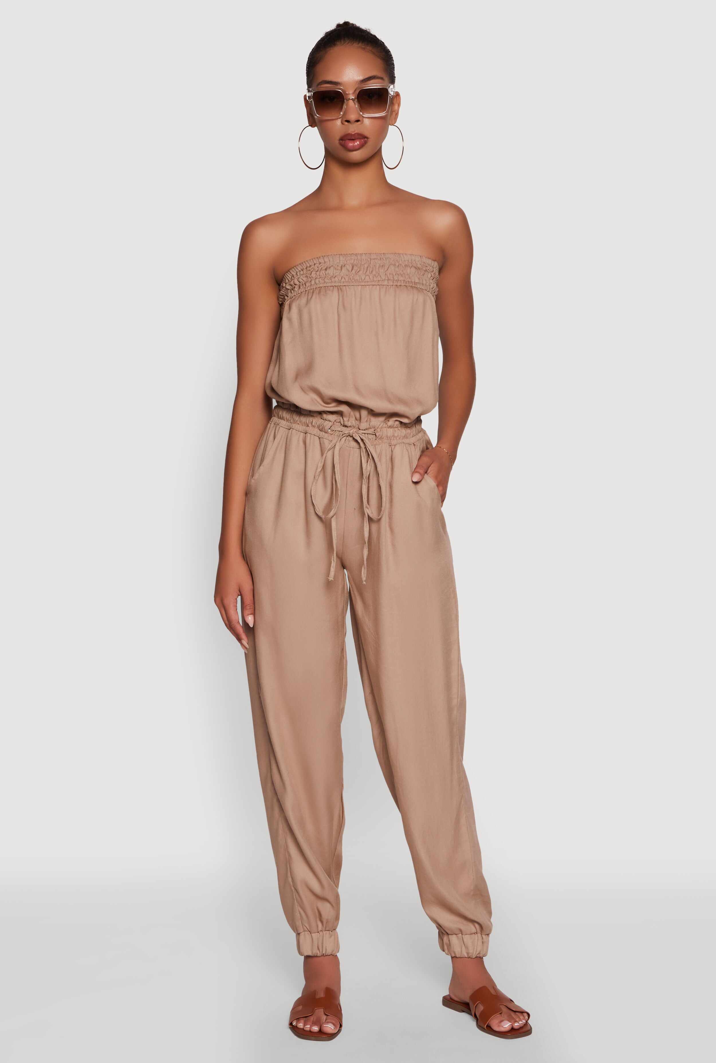 Strapless Smocked Drawstring Waist Jumpsuit
