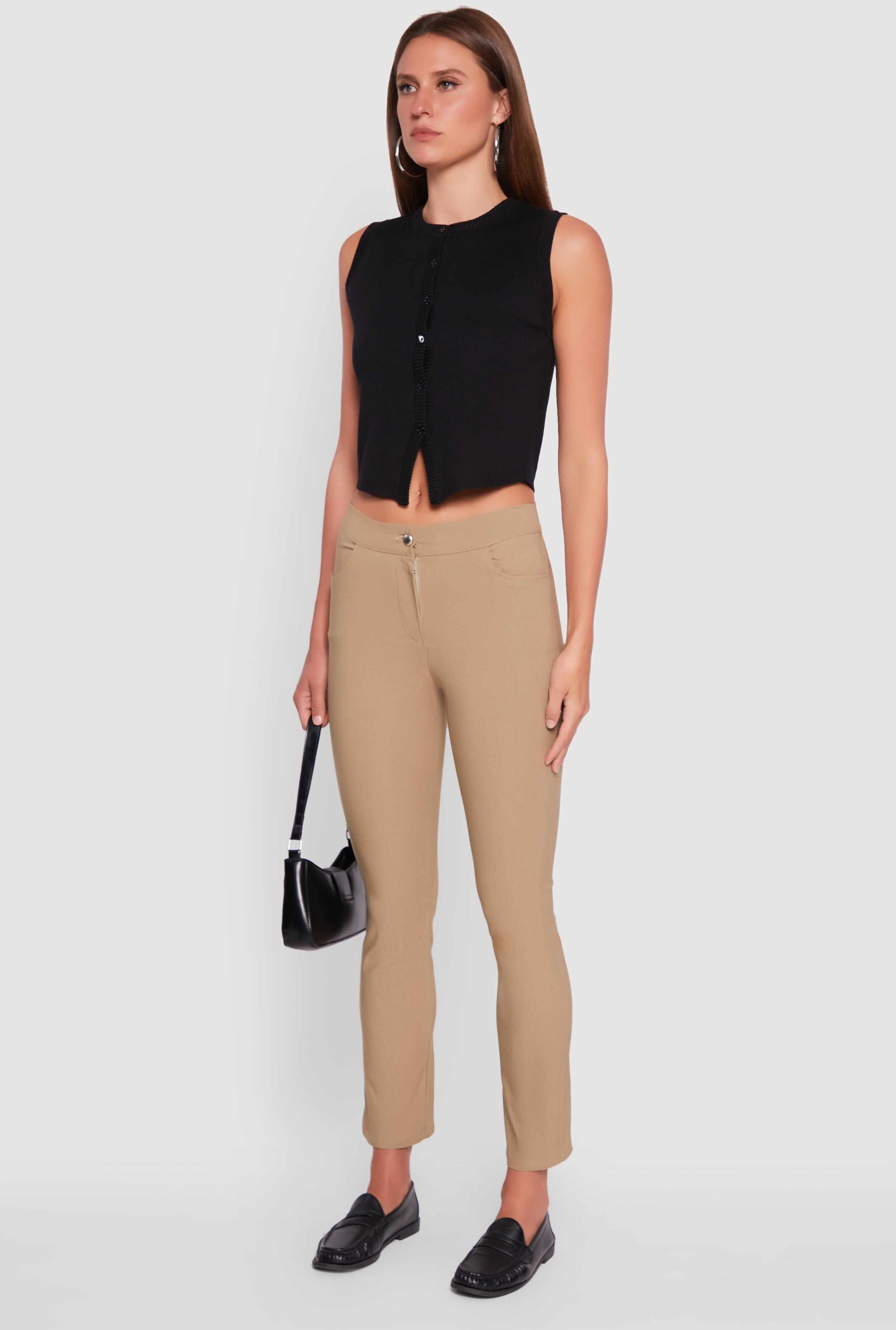 Mid Rise Slim Straight Leg Stretchy Dress Pants