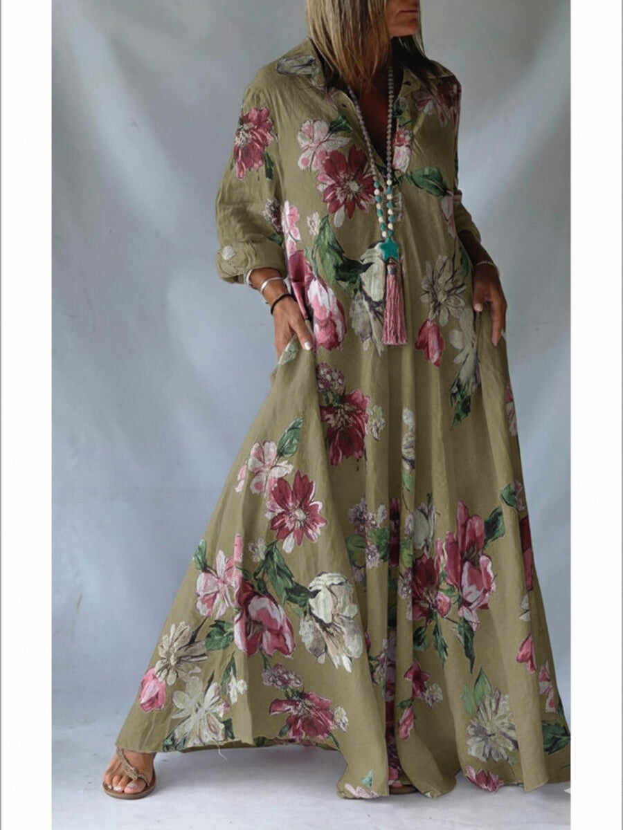 🔥Summer Arrivals🌟Loose-fitting Casual Linen And Cotton Floral Print Shirt Dress
