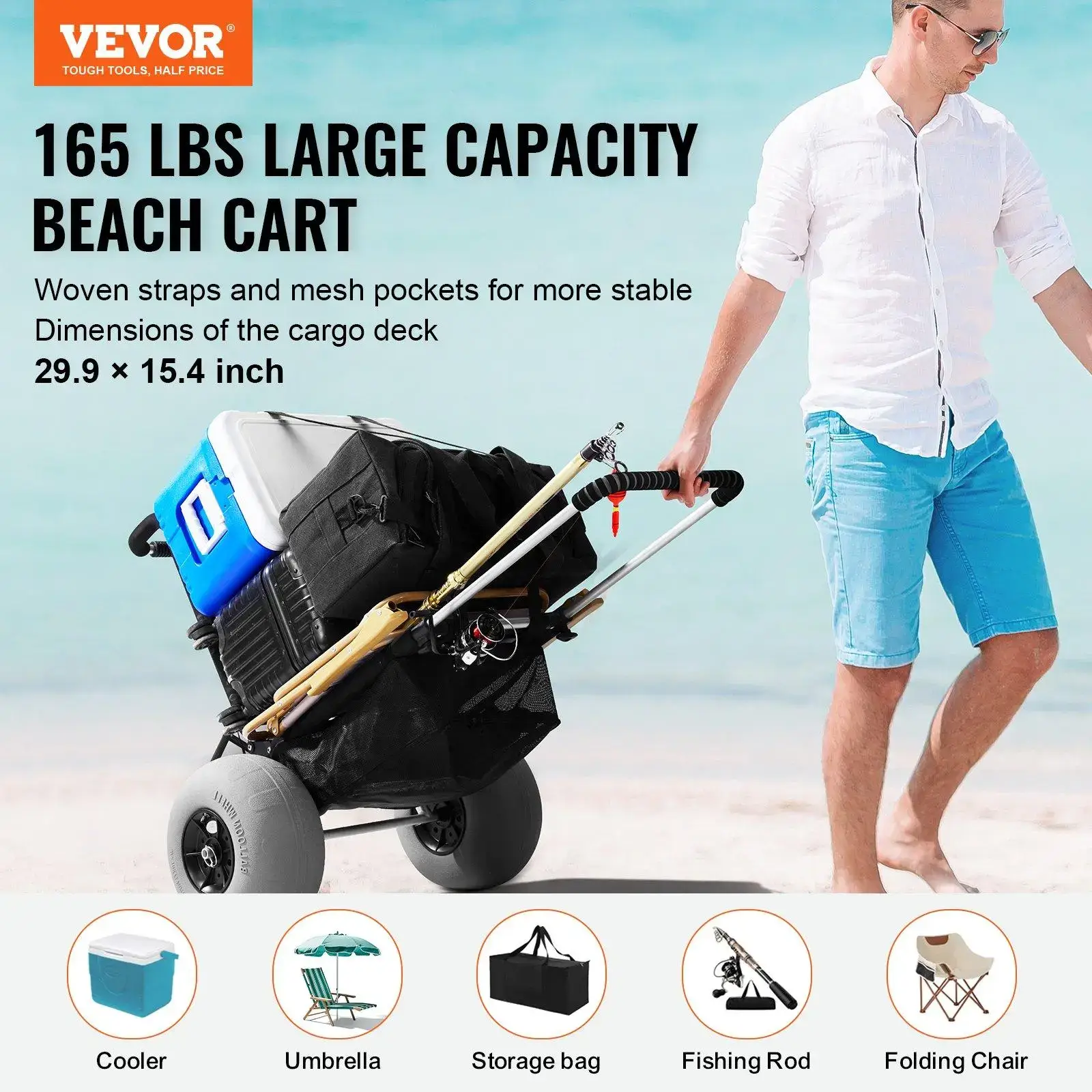 Folding Beach Dolly with 12 Inch Large Sand Wheels, 29.9