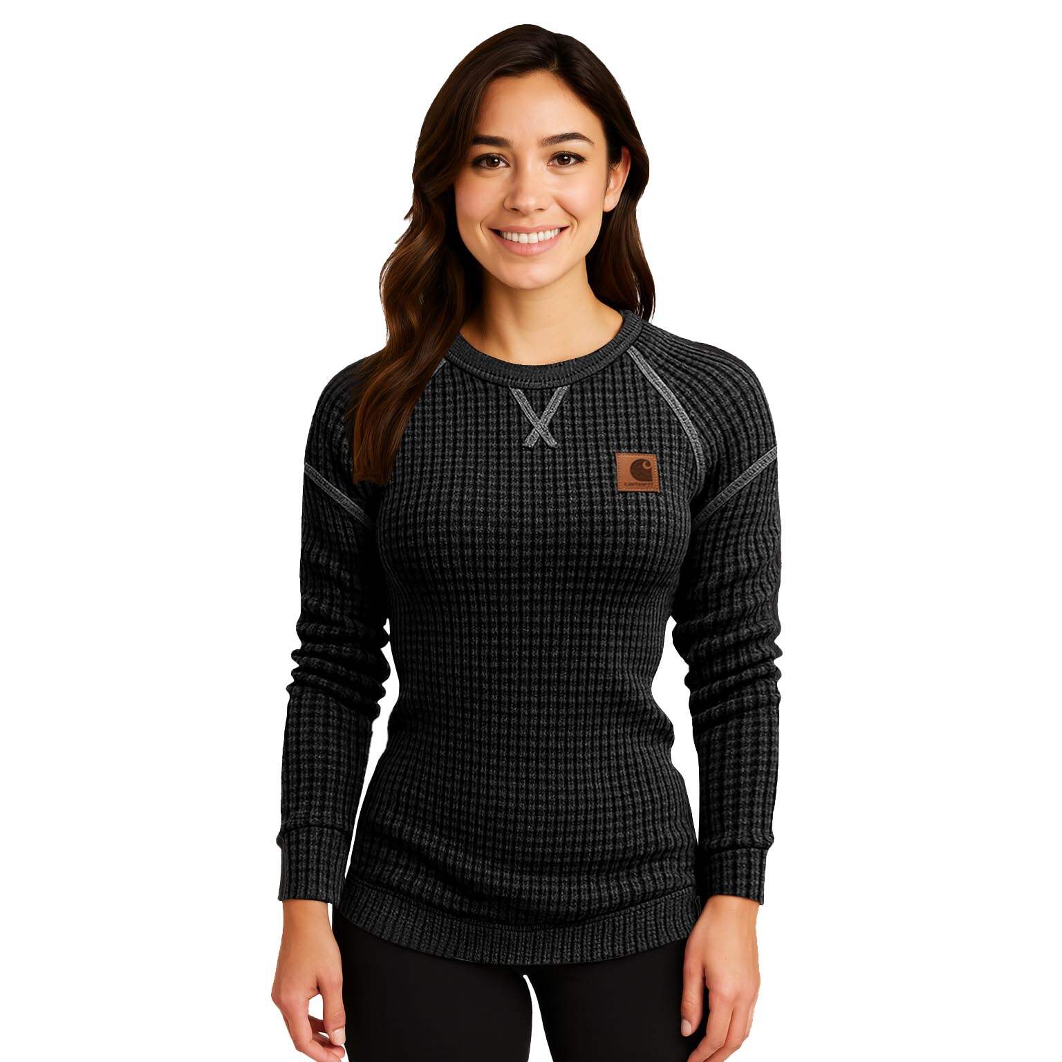 Women's Vintage Black Waffle Knit Crewneck Long Sleeve Sweatshirt