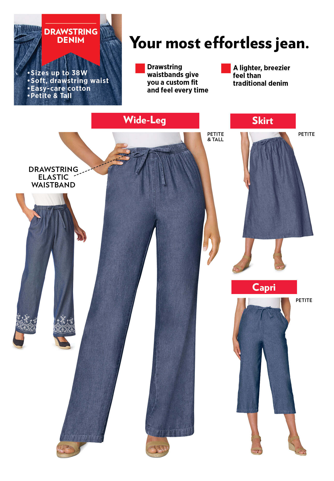 Drawstring Denim Wide-Leg Pant