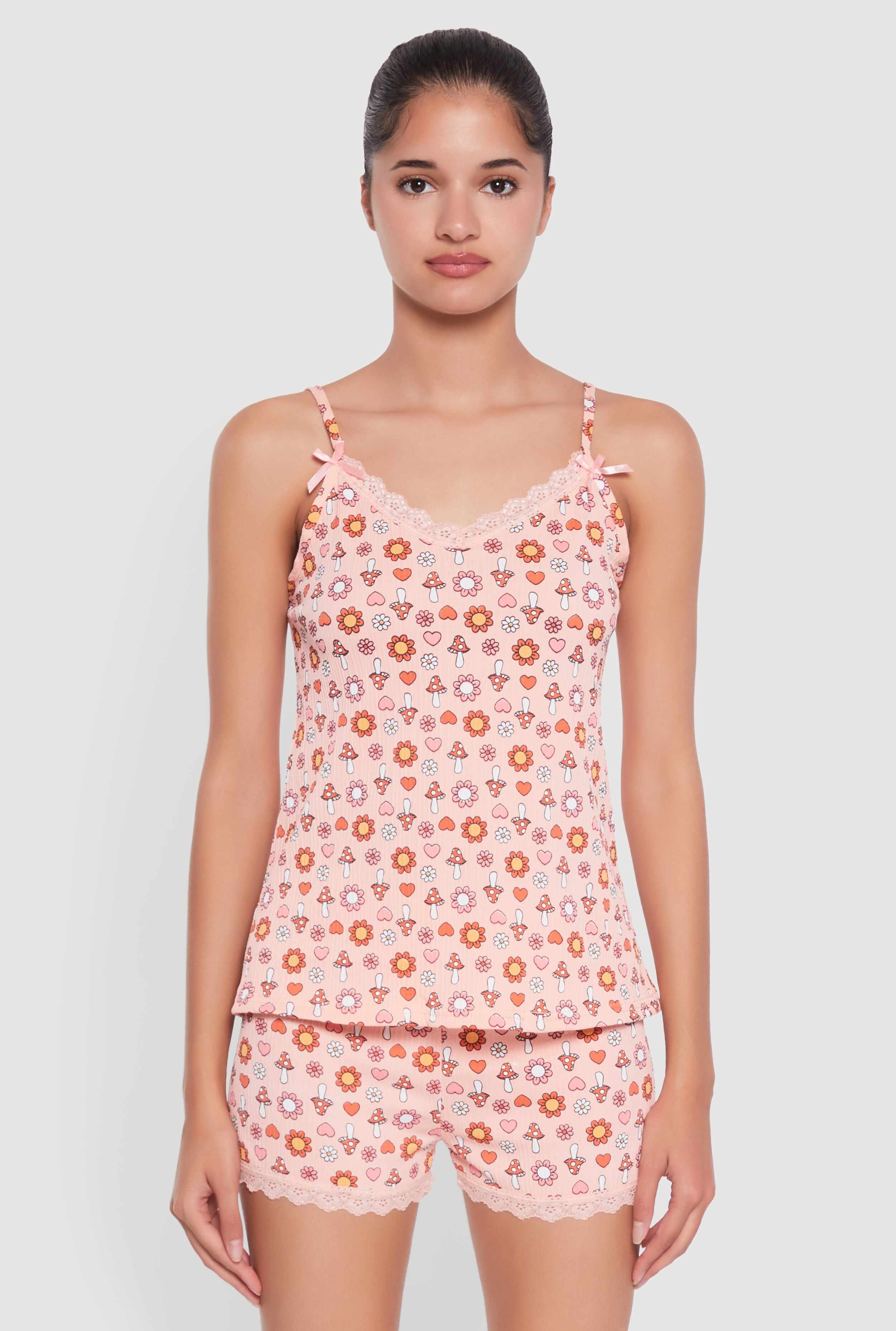 Trendy Lace Trim Pajama Cami and Shorts 2-Piece Set