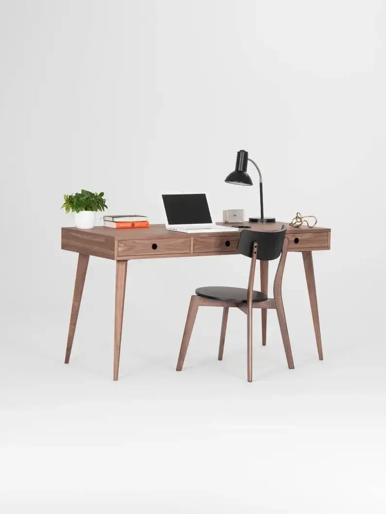 Wooden desk, mid century modern, walnut desk with three drawers;Send 1 stool(pictured)