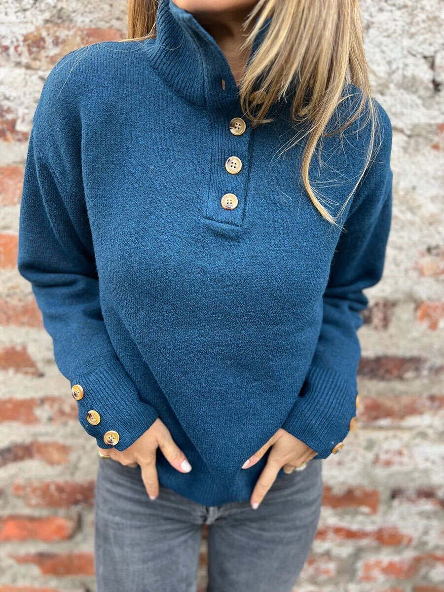 Women's Stand-up Collar Knit Solid Color Button Casual Loose Sweater
