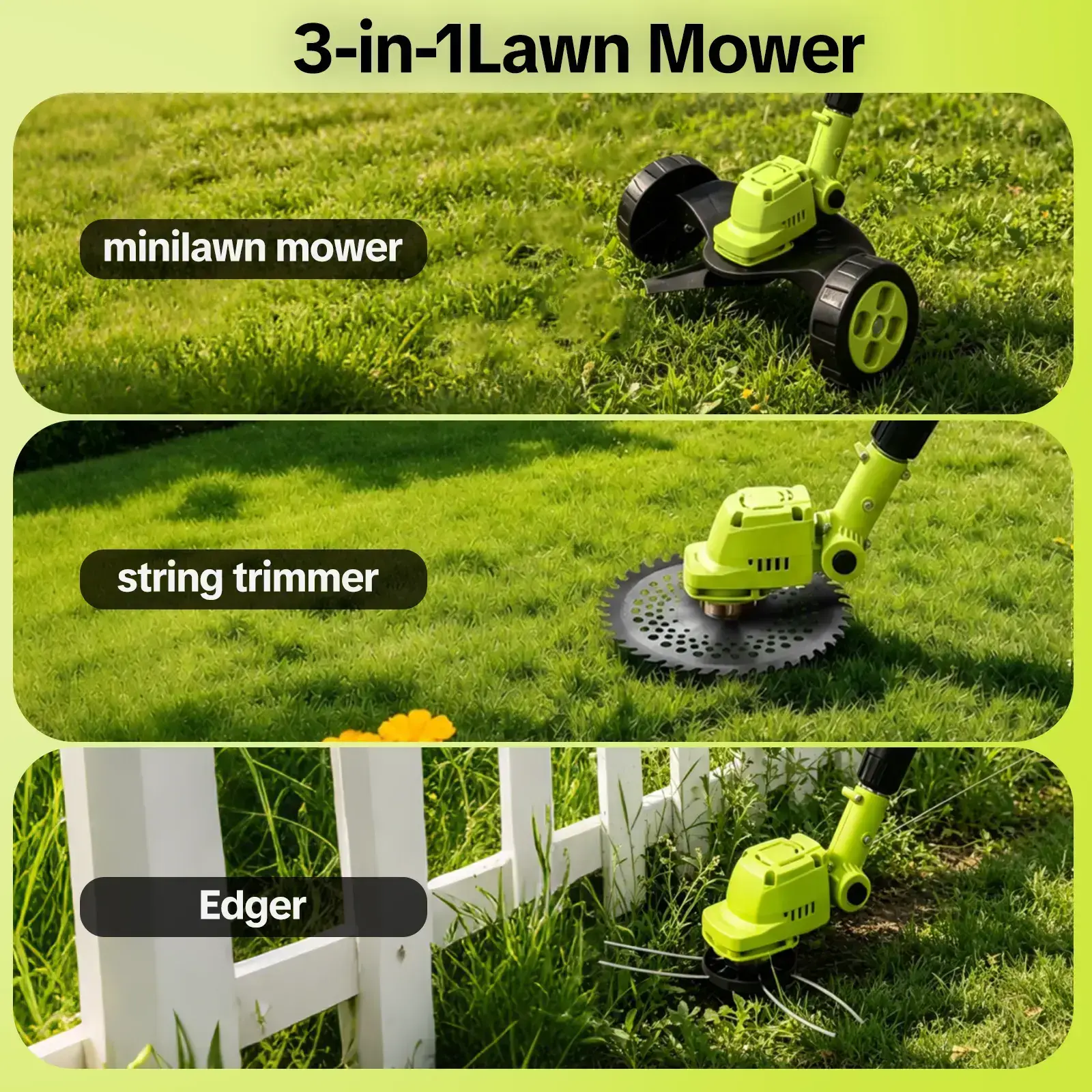 Cordless Lawn Mower, Garden Tool (Mower, Trimmer, Edger) with 2×21V Batteries, Lightweight for Small to Medium Backyards