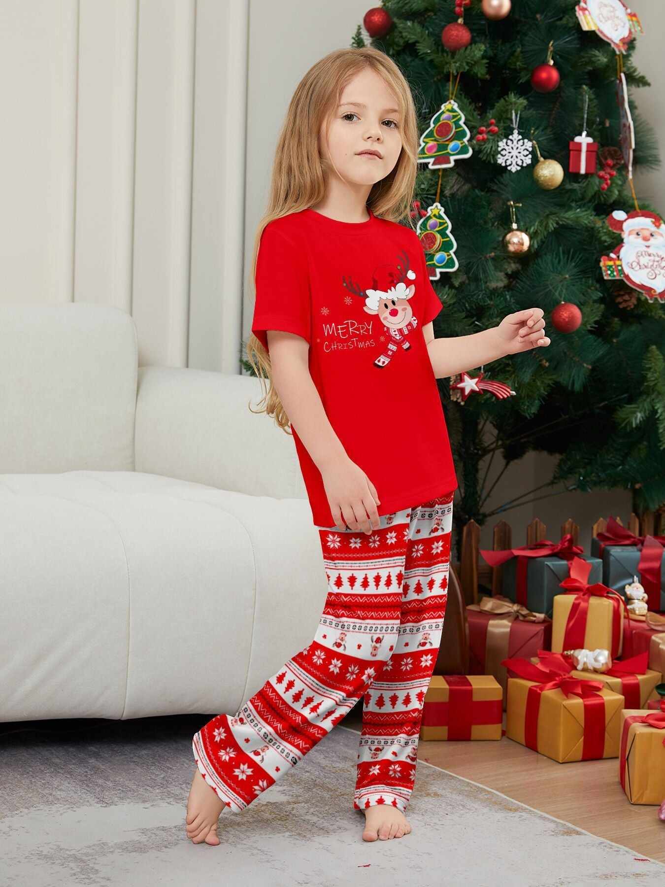 Fawn Printed Short Sleeve Family Matching Christmas Pajamas Sets