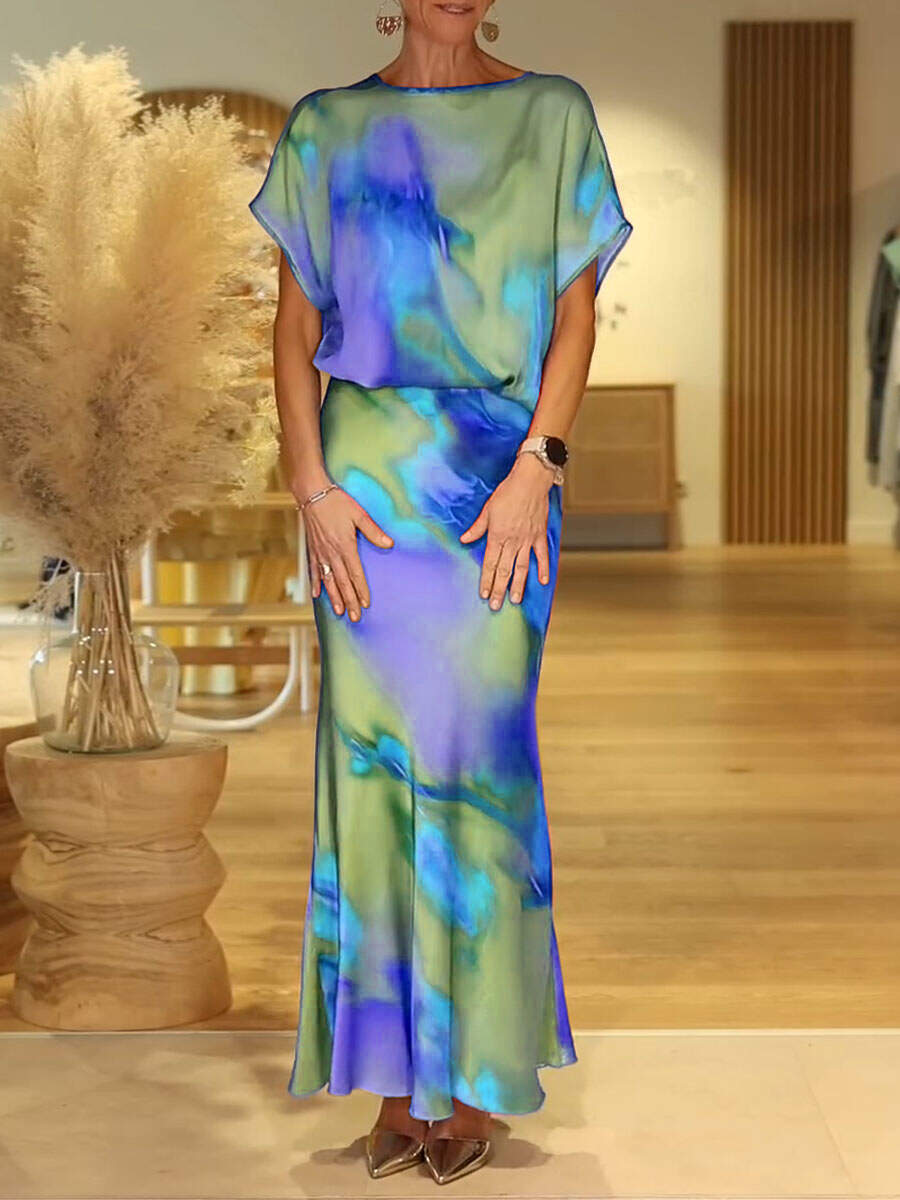 🔥Summer Arrivals🌟Women's Colorful Tie-patter Pattern Round Neck Short Sleeve Casual Loose Top And High Waist Slim Fit Satin Set