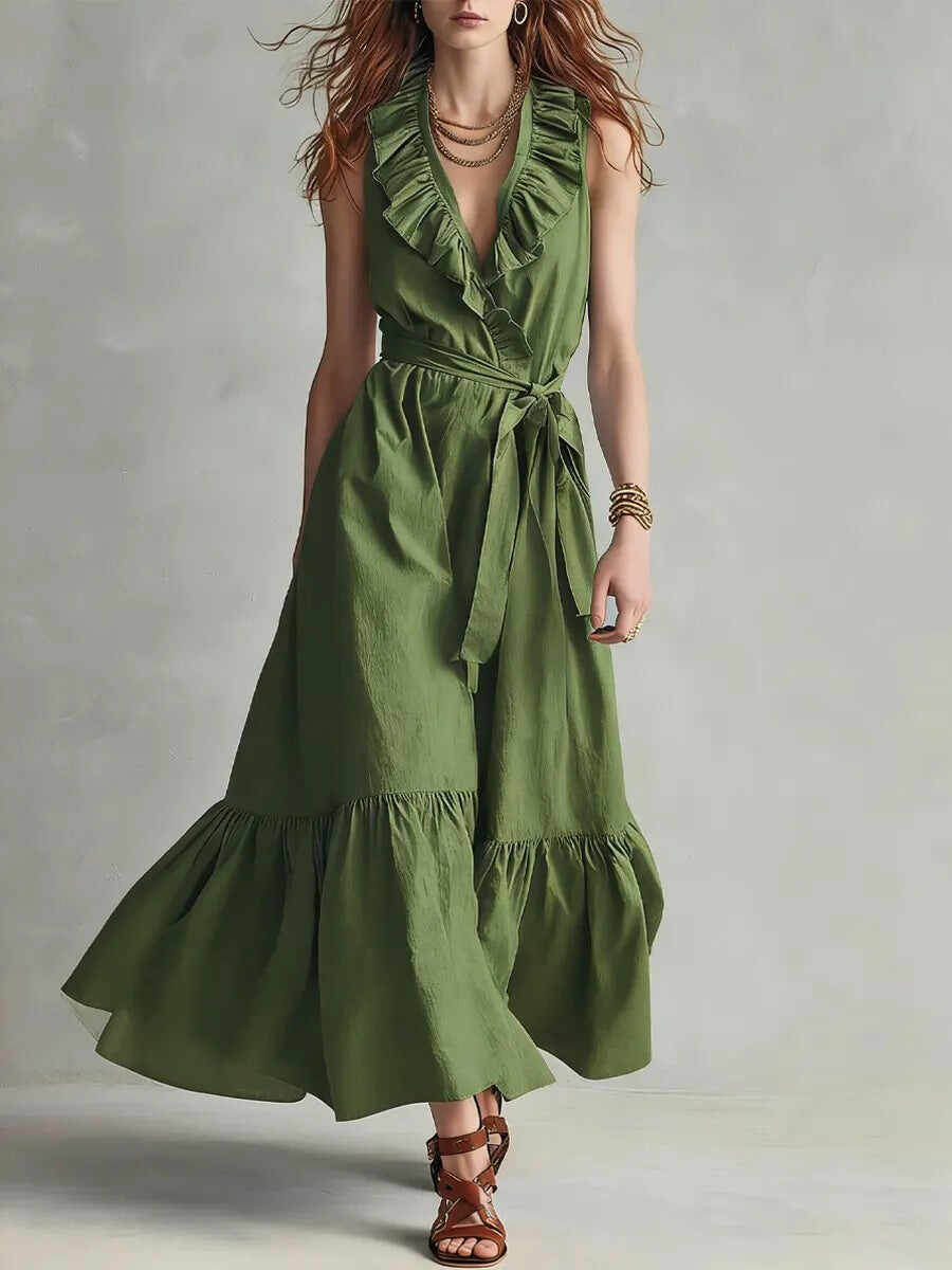 🌿 Ruffled V-Neck Wrap Maxi Dress