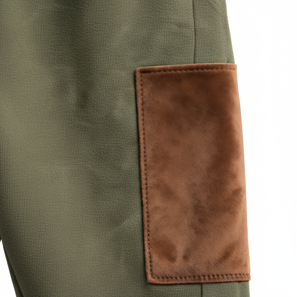 Men's Vintage Army Green Stitching Brown Suede Pocket Hoodie And Sweatpants Jogger Set