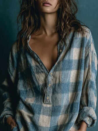 Blue And White Loose Plaid Henley Neck Long Sleeve Mini Dress