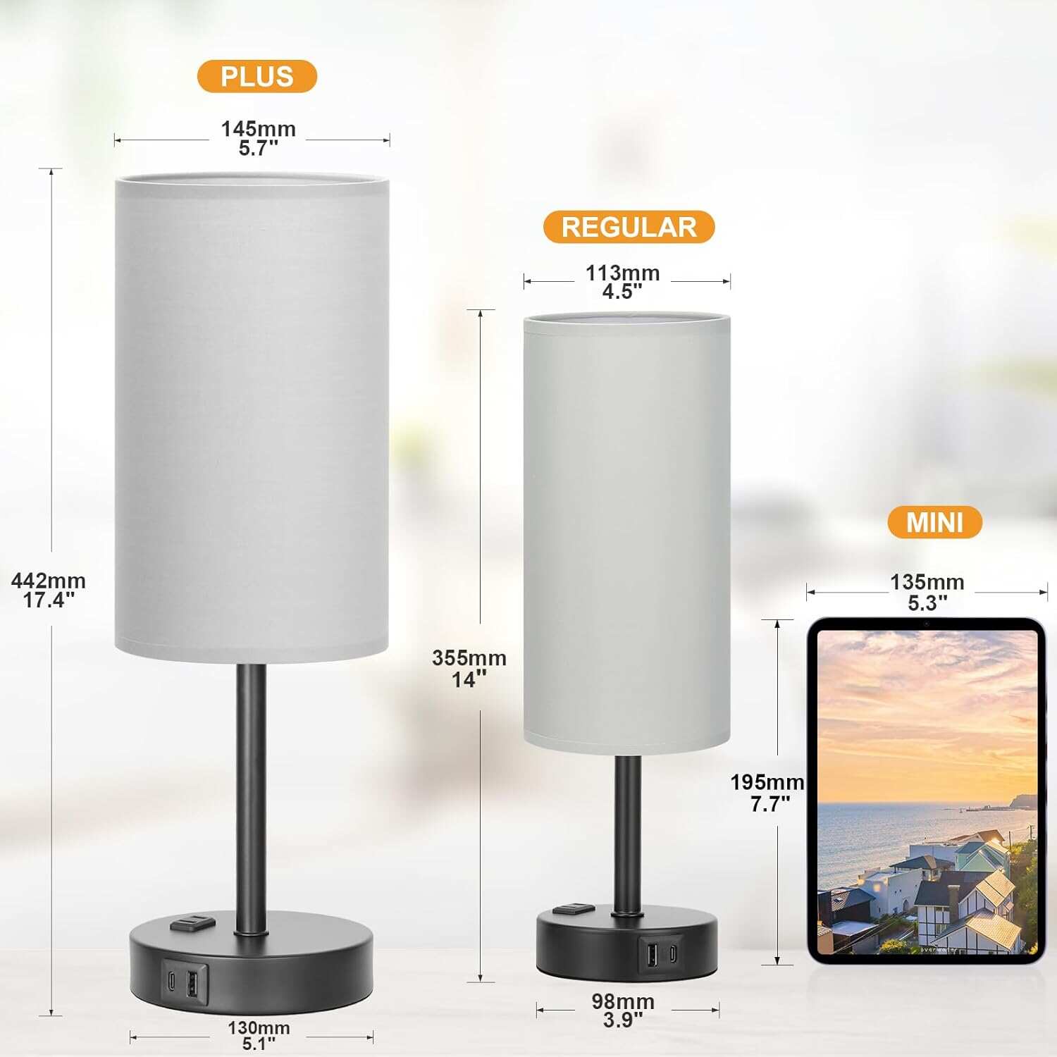 Bedside Table Lamp for Bedroom - 3 Way Dimmable Touch Lamp USB C Charging Ports and AC Outlet, Small Lamp Wood Base Round Flaxen Fabric Shade for Living Room, Desk, LED Bulb Included