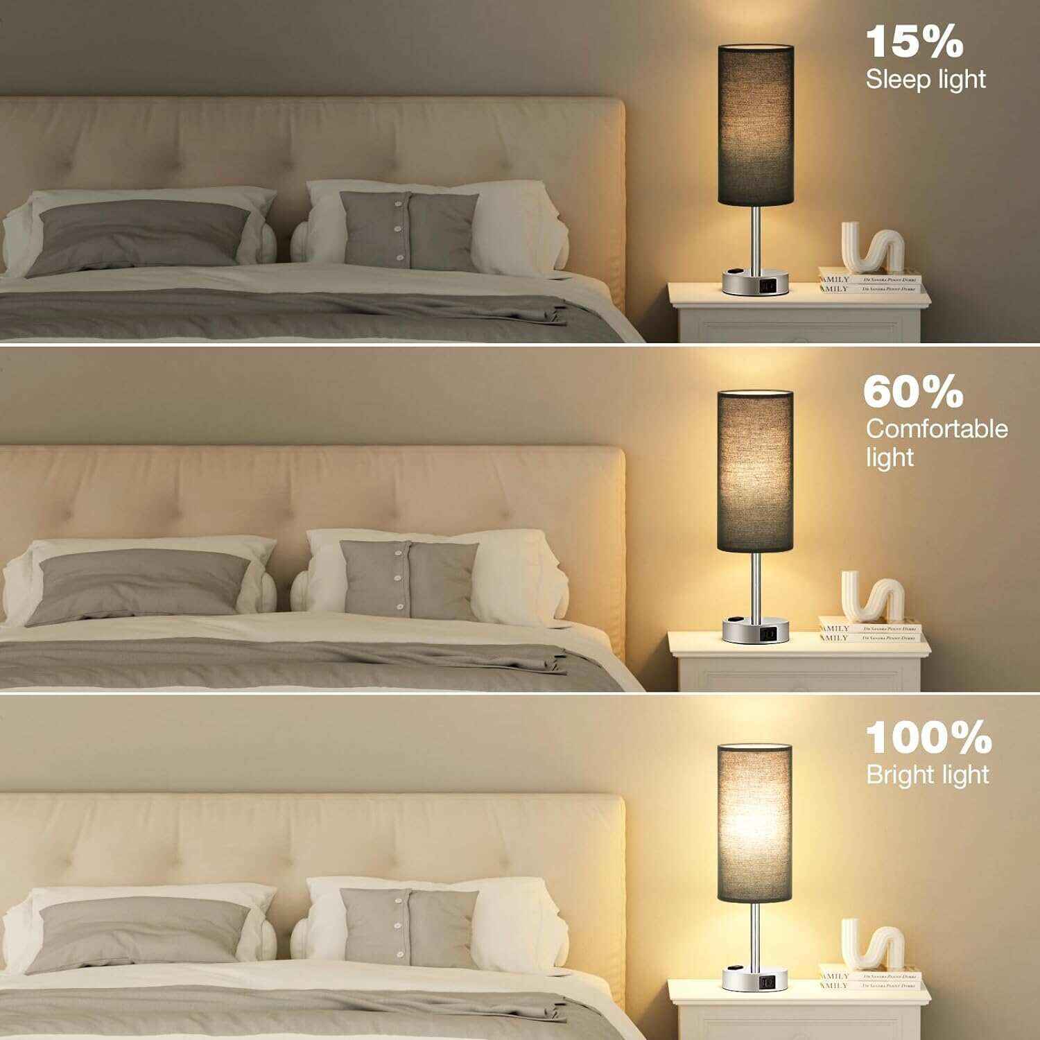 Bedside Table Lamp for Bedroom - 3 Way Dimmable Touch Lamp USB C Charging Ports and AC Outlet, Small Lamp Wood Base Round Flaxen Fabric Shade for Living Room, Desk, LED Bulb Included