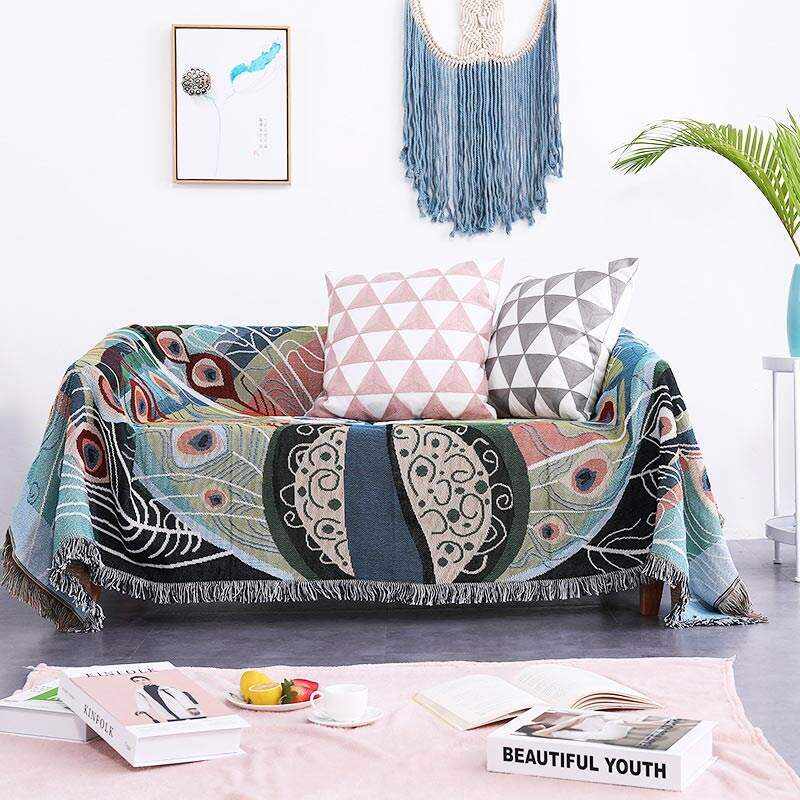 Peacock Print Tassel Reversible Blanket