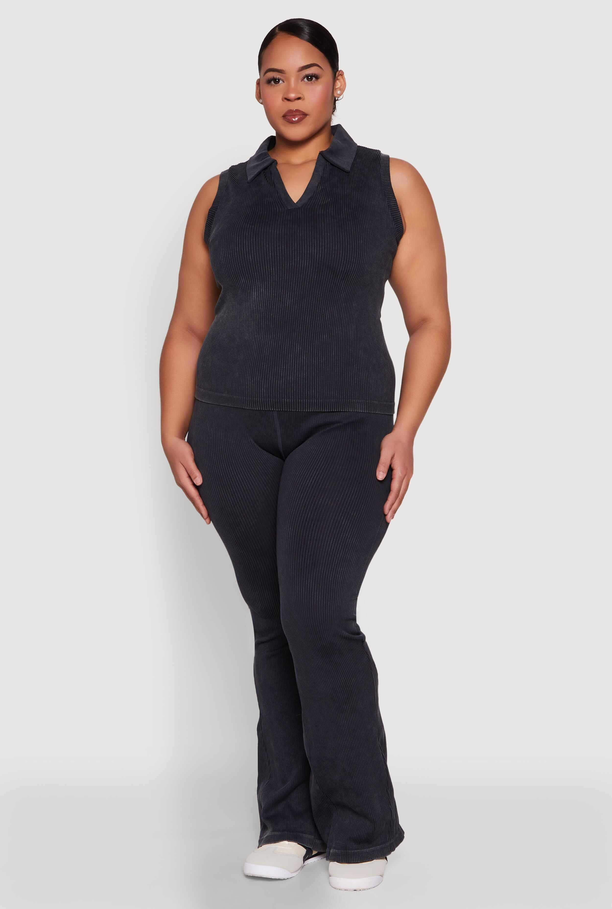 Plus Size Mineral Wash Ribbed Knit Boot Cut Pants
