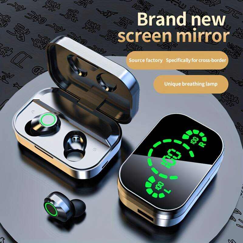 1 Set Wireless Earphones With Mirror Digital Display, Hifi Sound Quality, High Power, Emergency Charging Function For In-Ear Wireless Earphones, High-definition Voice Touch Operation, Automatic Connection To Binaural Call Earphones Charging Level Display