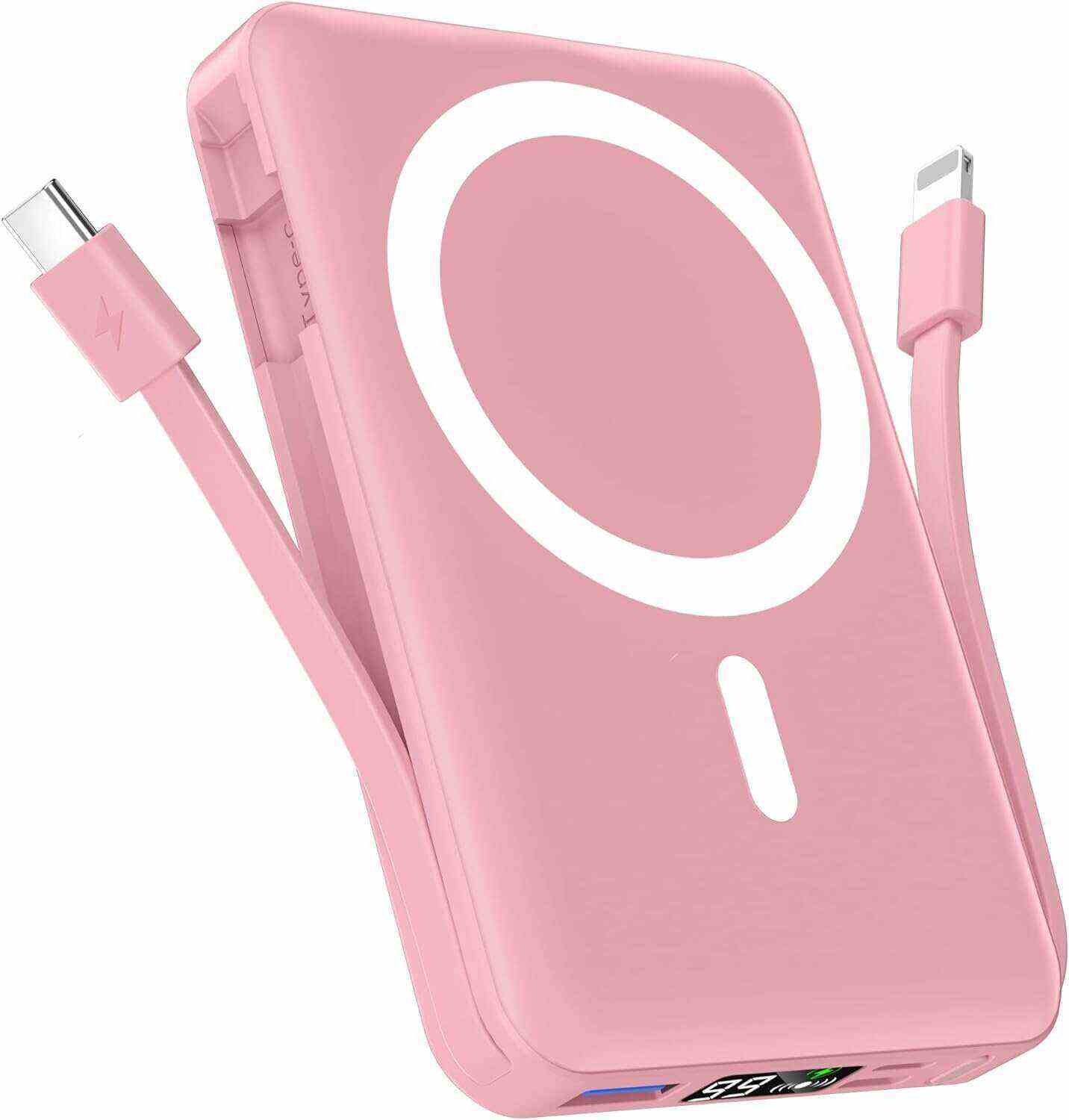 podoru Wireless Portable Charger, 10000mAh Magnetic Power Bank Built-in USB-C Lighting Cables 22.5W PD Fast Charging LED Display Mag-Safe Battery Pack for iPhone 15/14/13/12/Mini/Pro/Pro Max - White