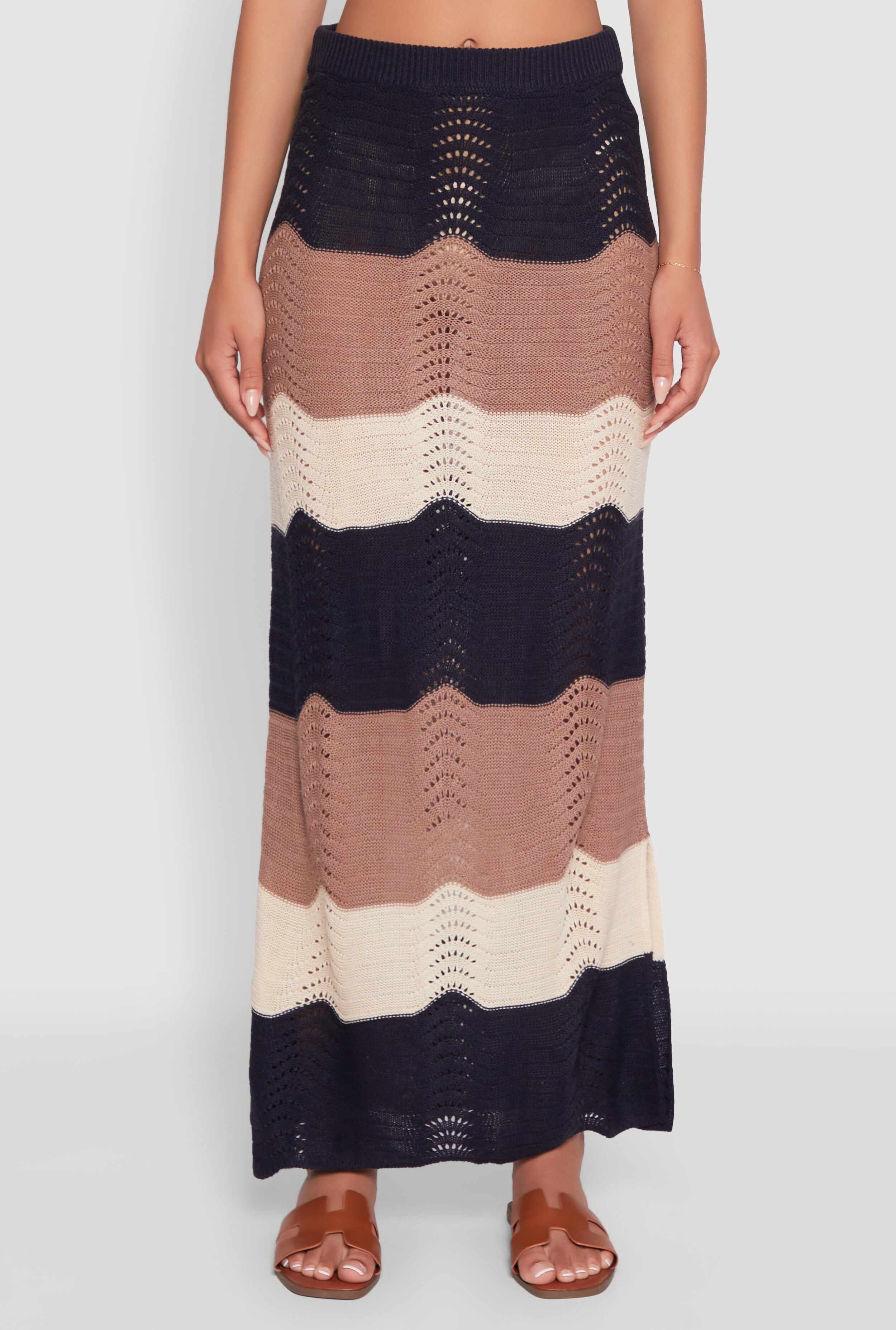 Chic Crochet High Waisted Striped Maxi Skirt