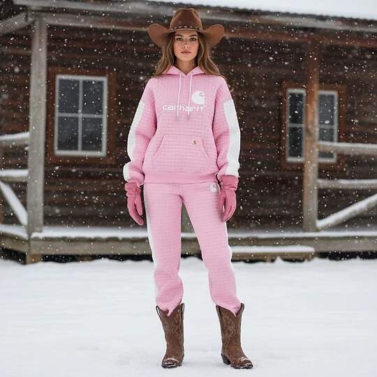 Pink Quilted Hoodie and Jogger Set for Winter Outdoors-Pink