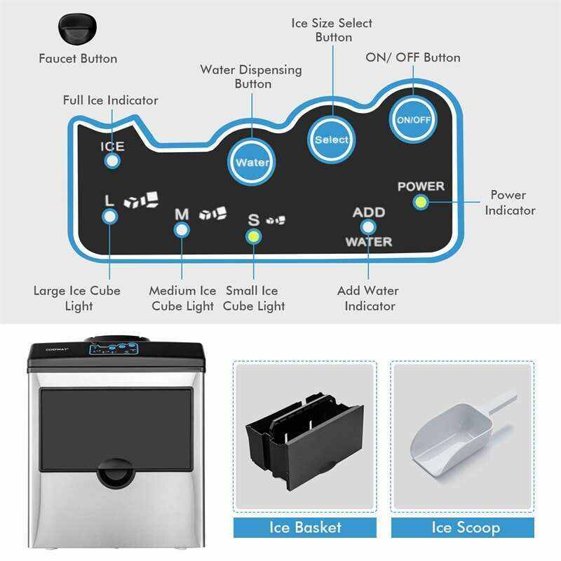 48LBS/24H 2-in-1 Stainless Steel Countertop Ice Maker Built-in Water Dispenser with Chilled Water Spout 5LBS Ice Storage Basket