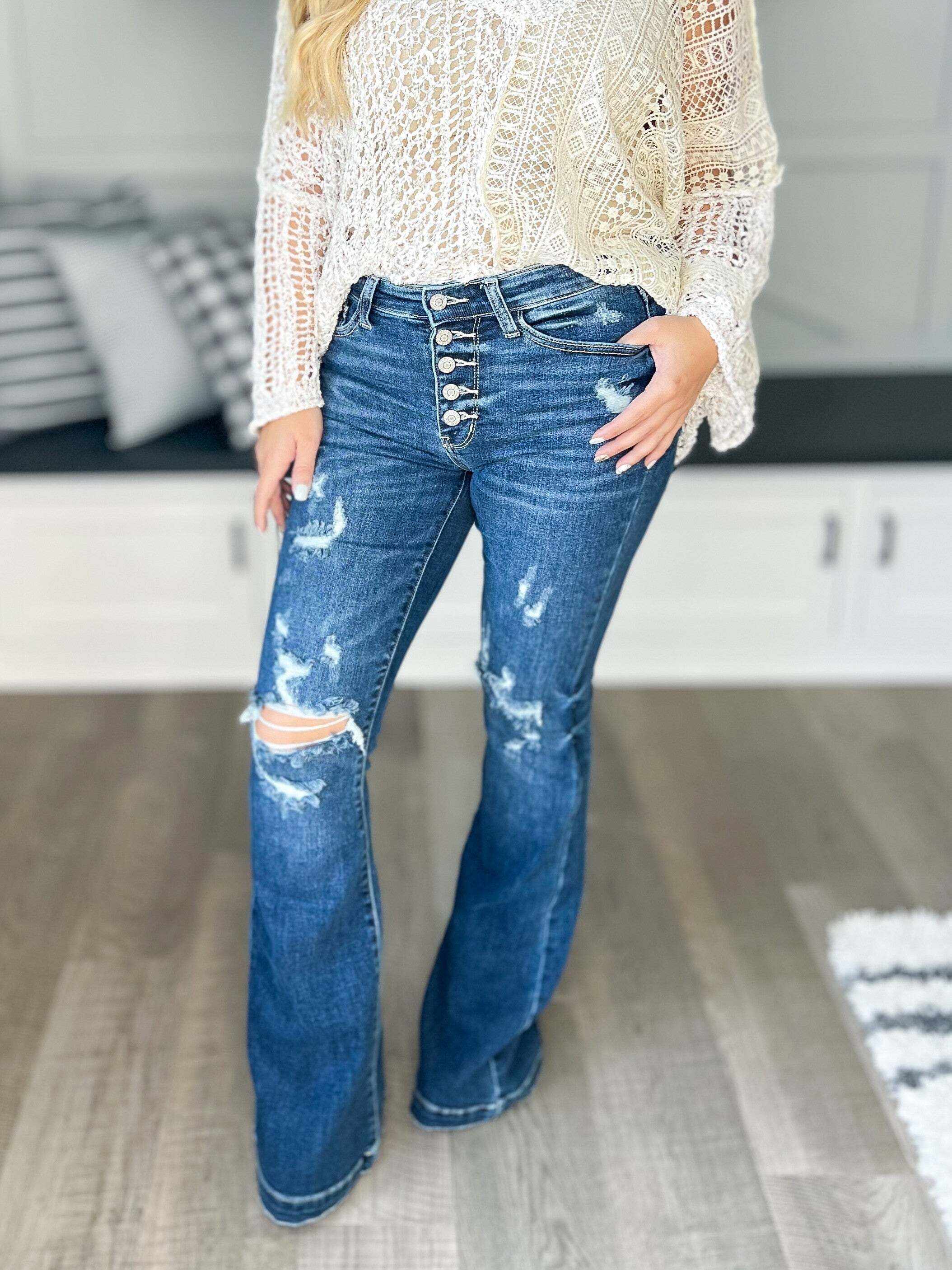 Long Weekend - Christmas Button Fly Trouser Flare Jeans- Final Sale