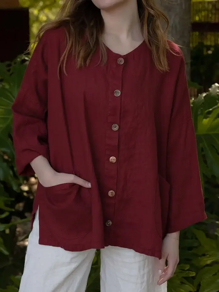 🔥Summer Arrivals🌟Women's Solid Color Round Neck Long-sleeved Casual Loose Cotton And Linen Top