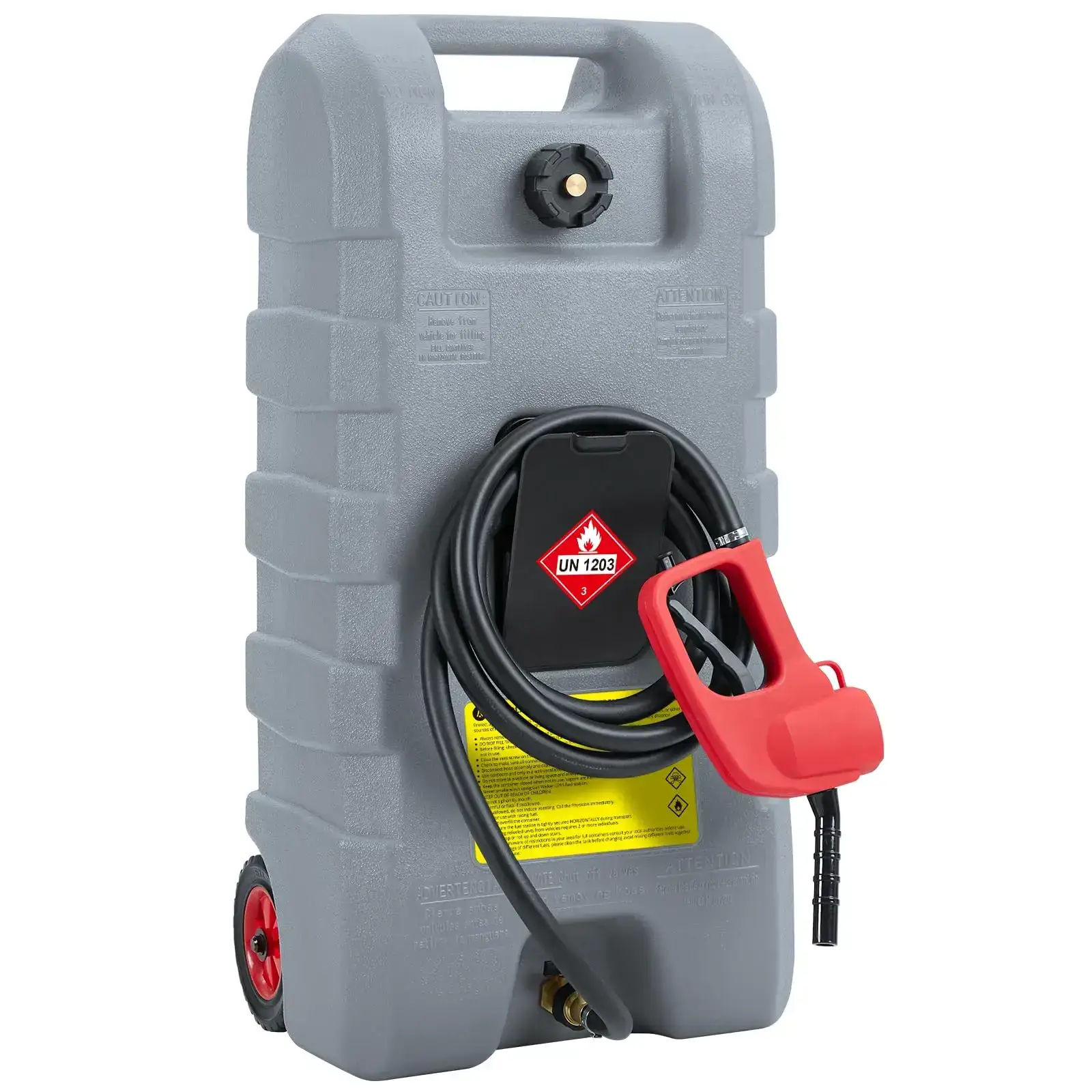 15 Gallon Portable Fuel Caddy with 10-ft Hose, Siphon Pump, and 7.5 L/min Manual Nozzle, Available in Gray, Red, and Yellow for Efficient Fuel Transfer and Storage.