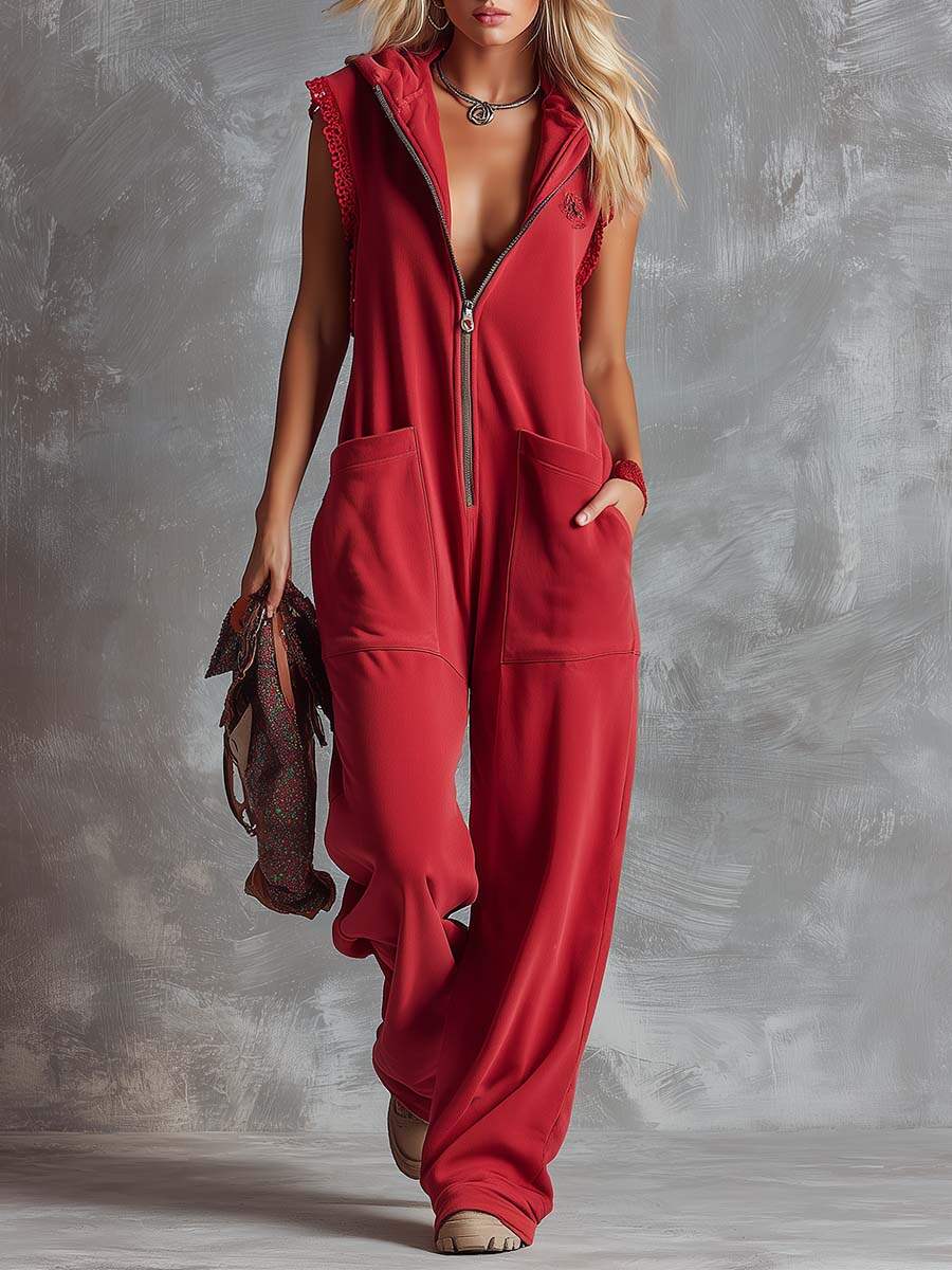 Retro Fashiona Sporty Hooded V-neck Front Zipper Raspberry Red Cotton Jumpsuit