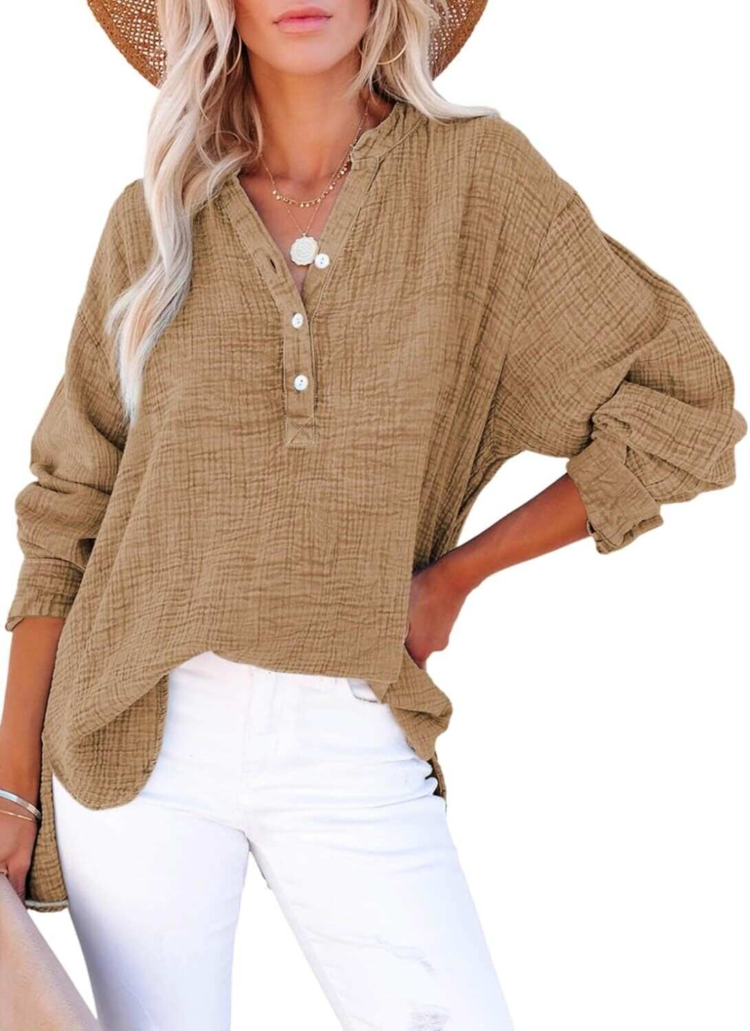 🔥10-Pack Womens Casual Gauze Button Neck Long Sleeve Oversized BlousesTops