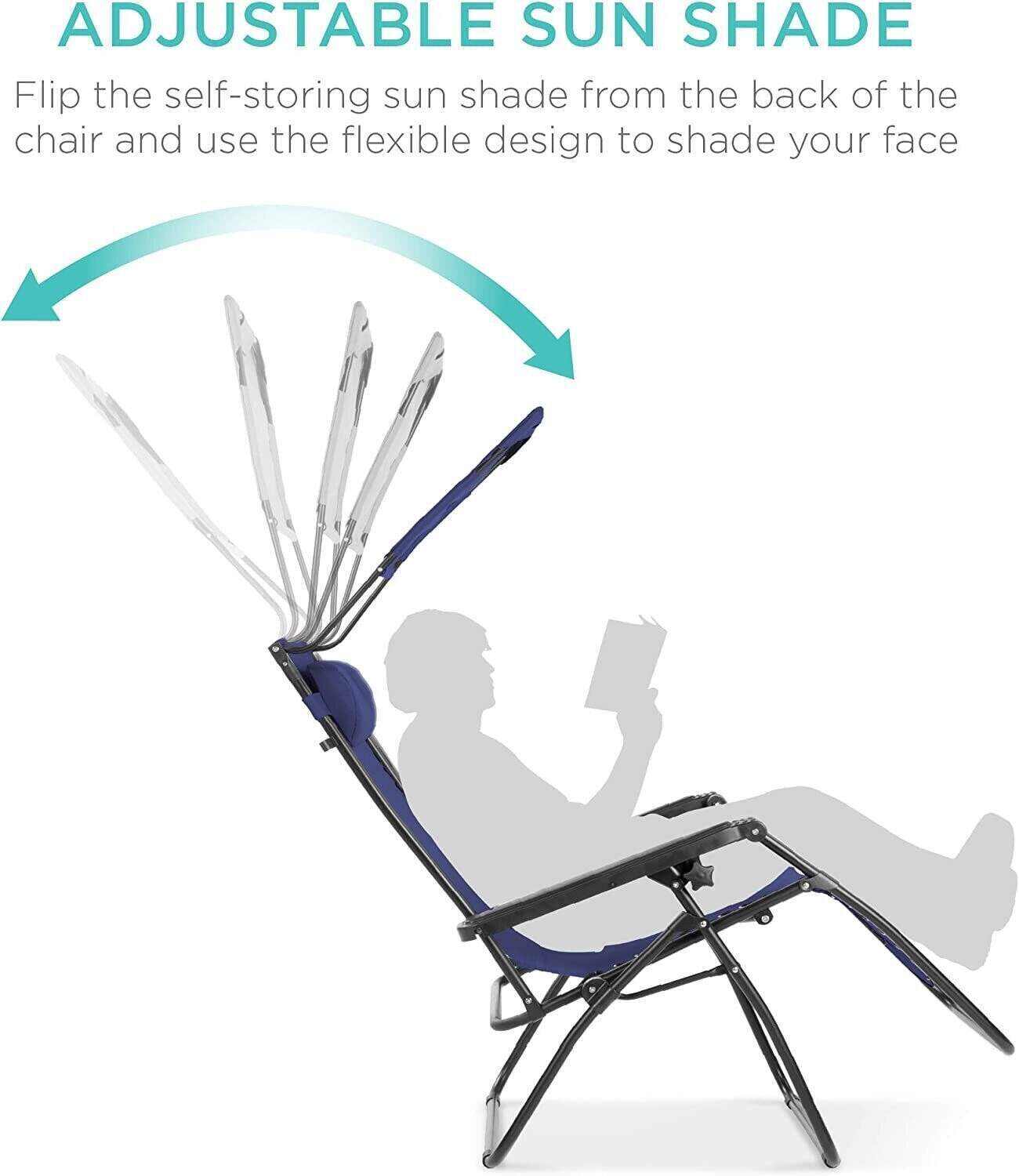 Folding Zero Gravity Recliner Patio Lounge Chair w/Adjustable Canopy Shade, Headrest, Side Accessory Tray, Textilene Mesh - Beige