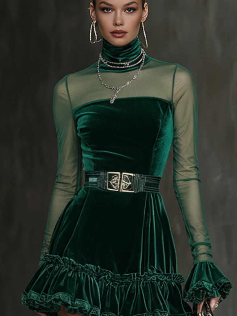 Emerald Sheer Sleeve Velvet Ruffle Mini Dress