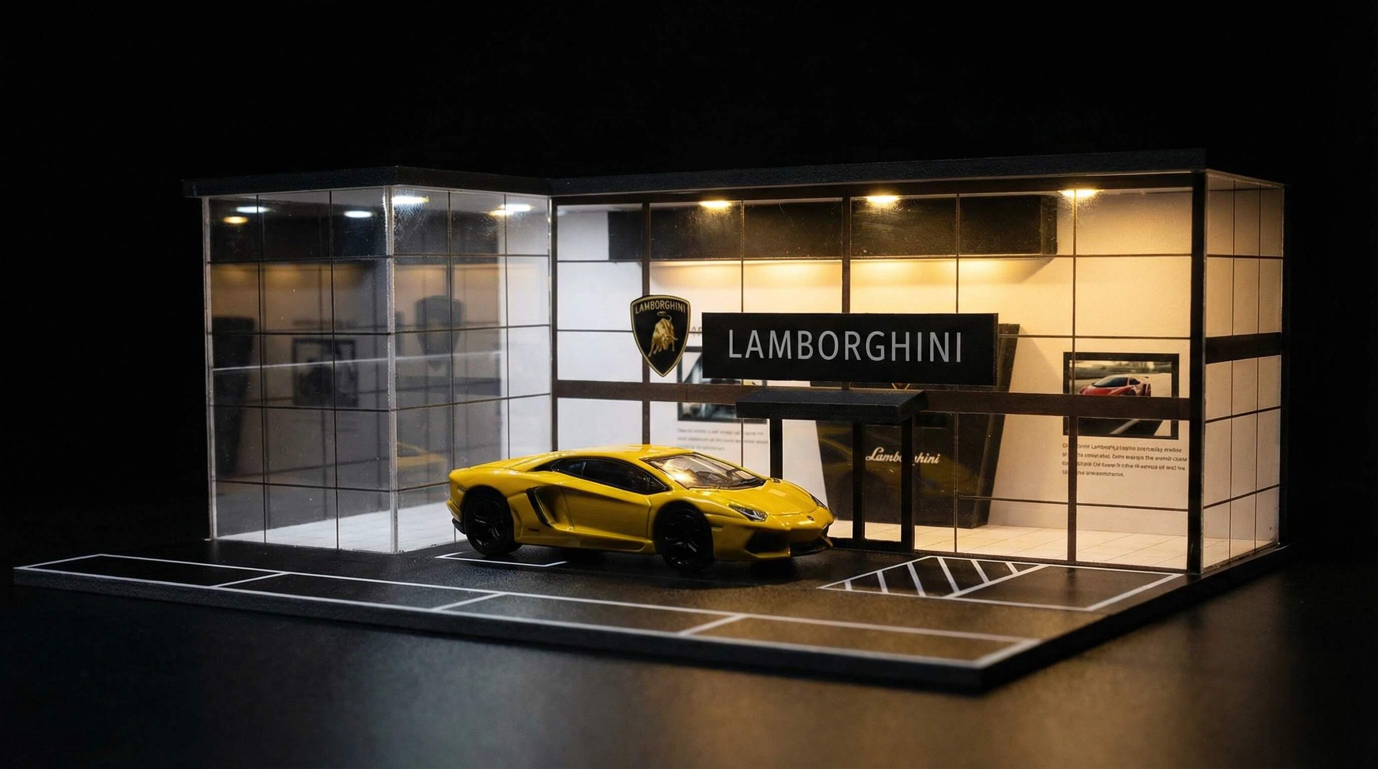 1:64 Scale Supercar Showroom Diorama Display Case – Modern Dealership Scene for Diecast Cars