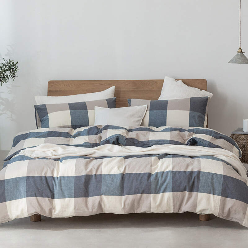 Washed Cotton Bed Sheet Set - Blue & Gray plaid