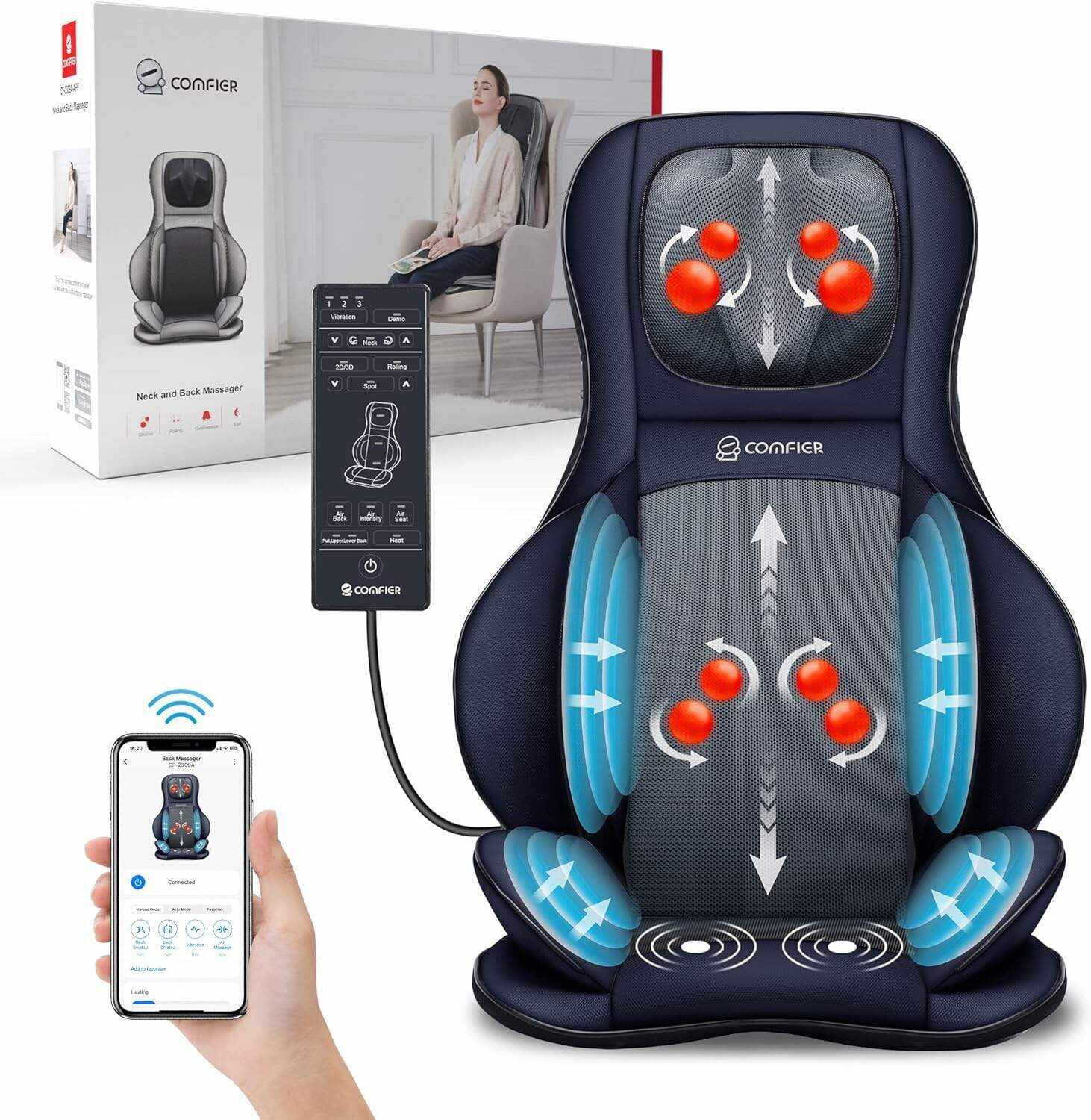 COMFIER Shiatsu Neck Back Massager with Heat and Compression, App Control 2D or 3D Deep Tissue Kneading Massage Chair Pad, Chair Massager for Full Body Pain Relief, Ideal Gifts,Grey