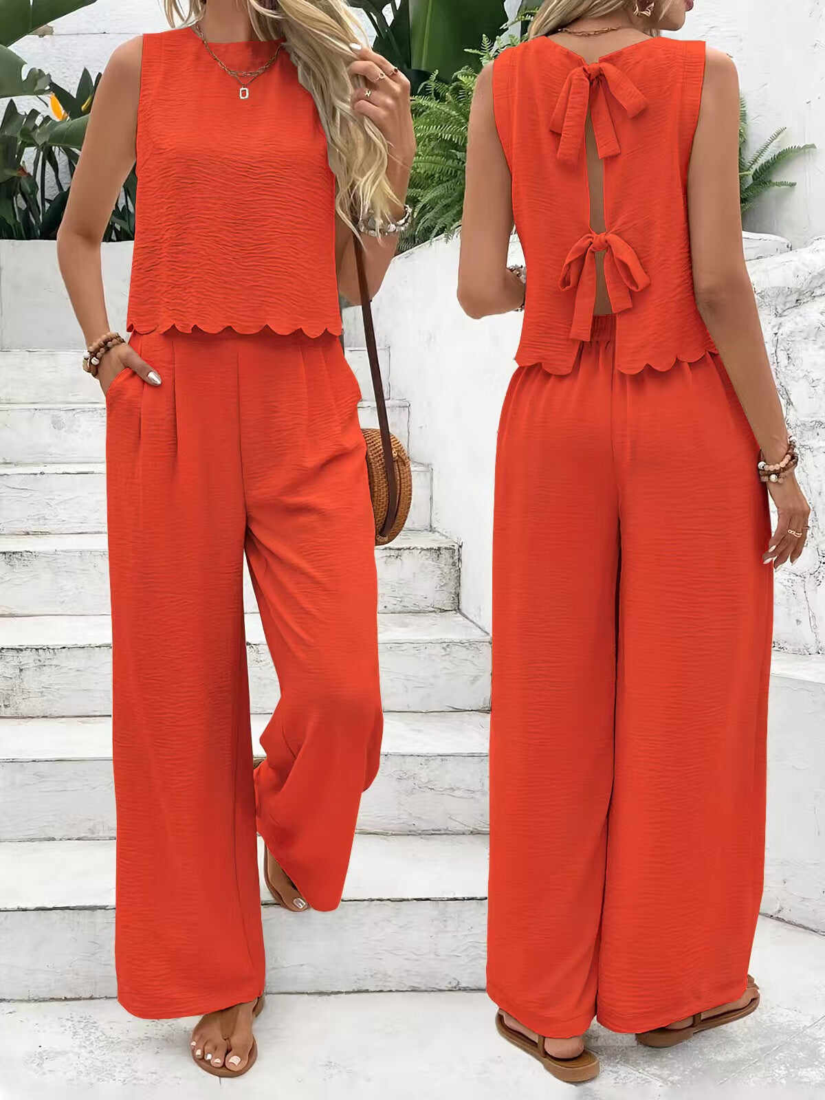 🔥Summer Arrivals🌟Women's Casual Round Neck Lace-up Top And Wide-leg Pants Set