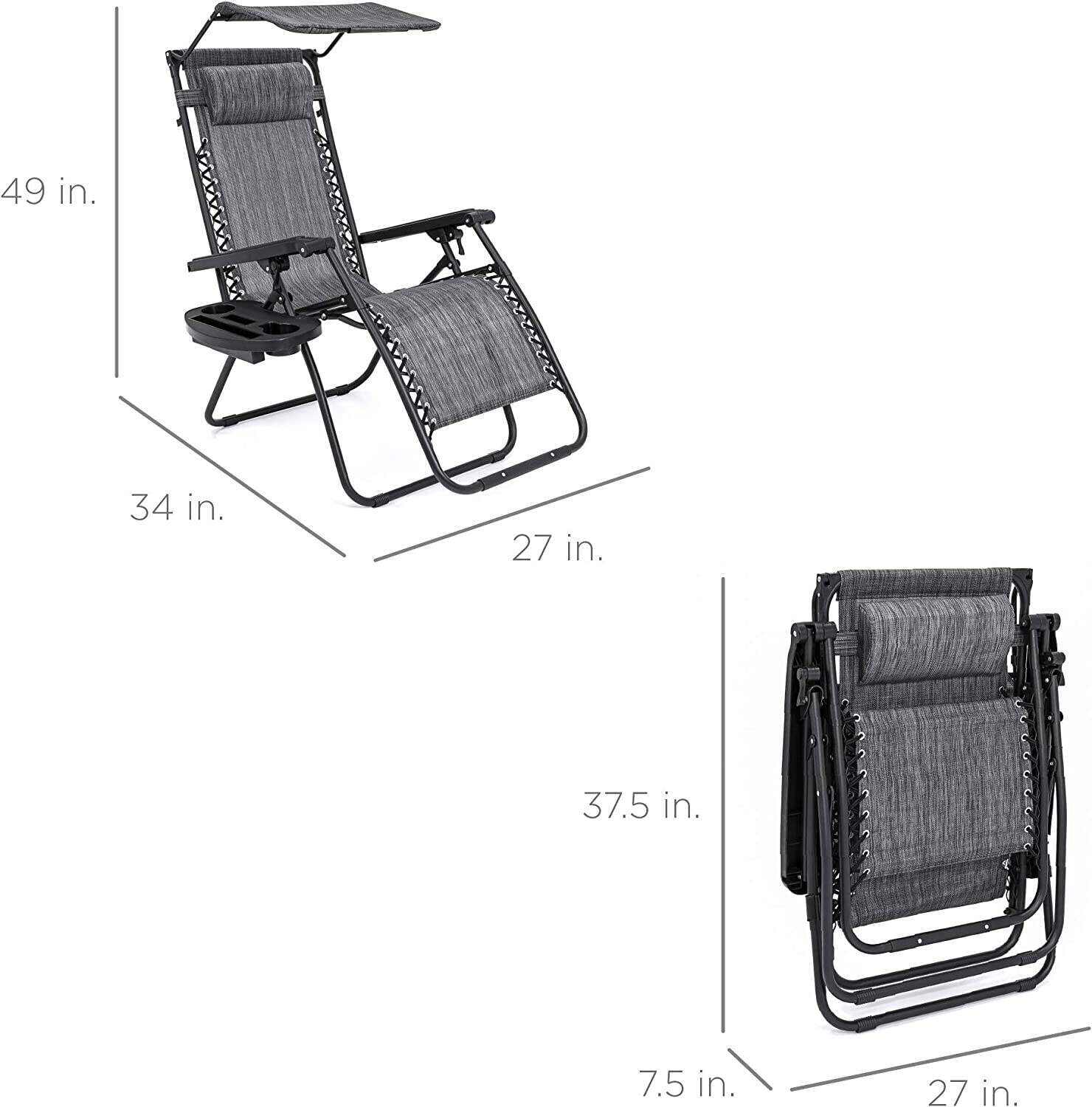 Folding Zero Gravity Outdoor Recliner Patio Lounge Chair w/Adjustable Canopy Shade, Headrest, Side Accessory Tray, Textilene Mesh - Beige
