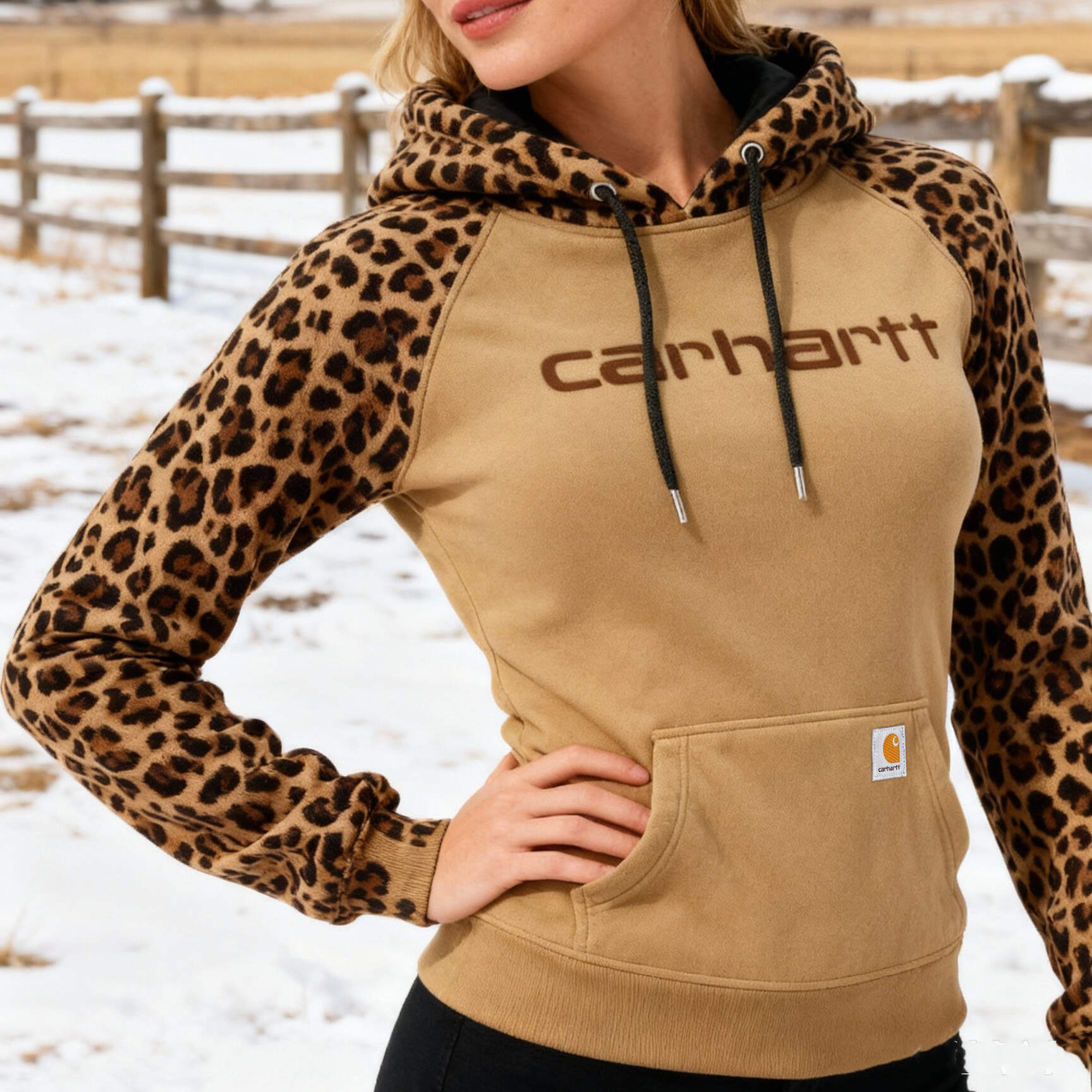 Women's Contrast Leopard Sleeve Hooded