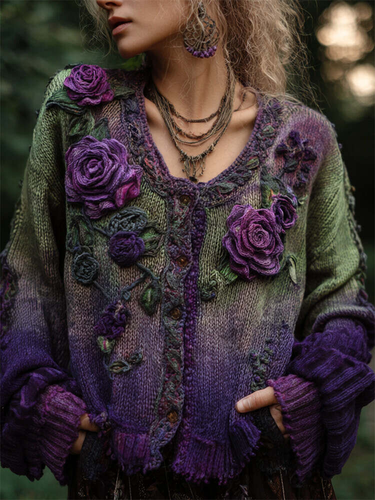 Vintage Purple Roses Crochet Gradient Cozy Cardigan