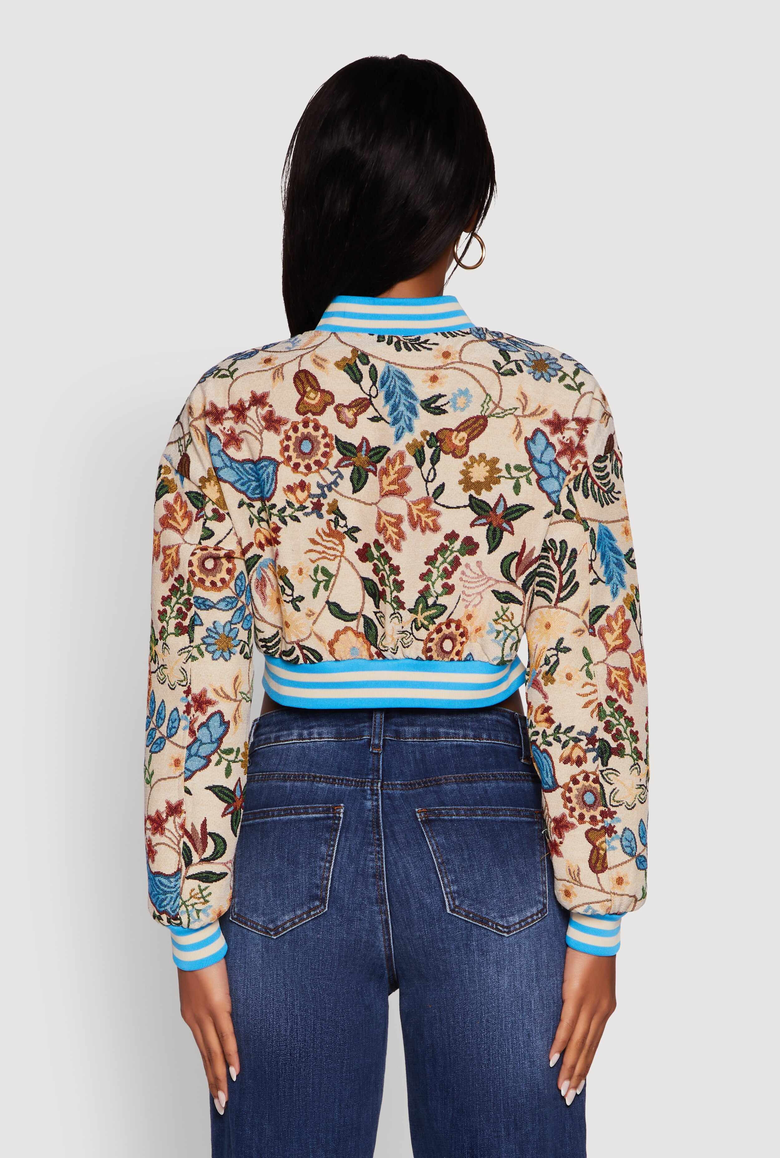 Floral Jacquard Varsity Stripe Cropped Bomber Jacket