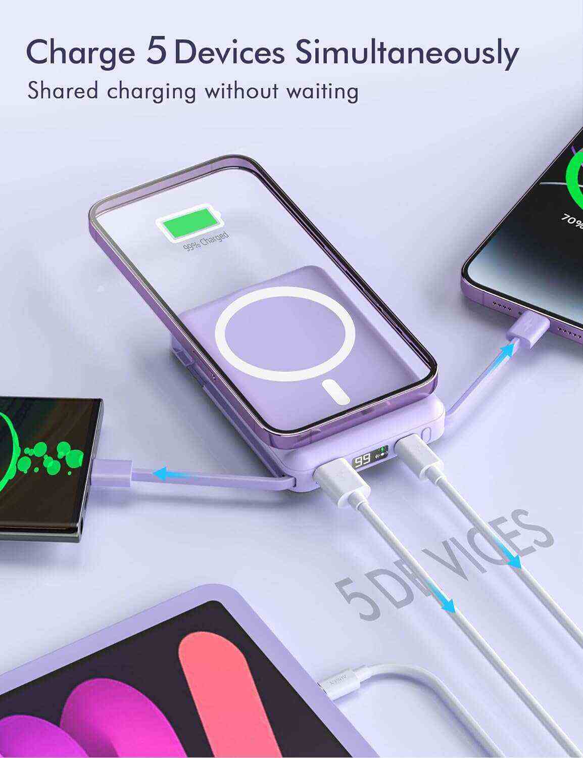 podoru Wireless Portable Charger, 10000mAh Magnetic Power Bank Built-in USB-C Lighting Cables 22.5W PD Fast Charging LED Display Mag-Safe Battery Pack for iPhone 15/14/13/12/Mini/Pro/Pro Max - White