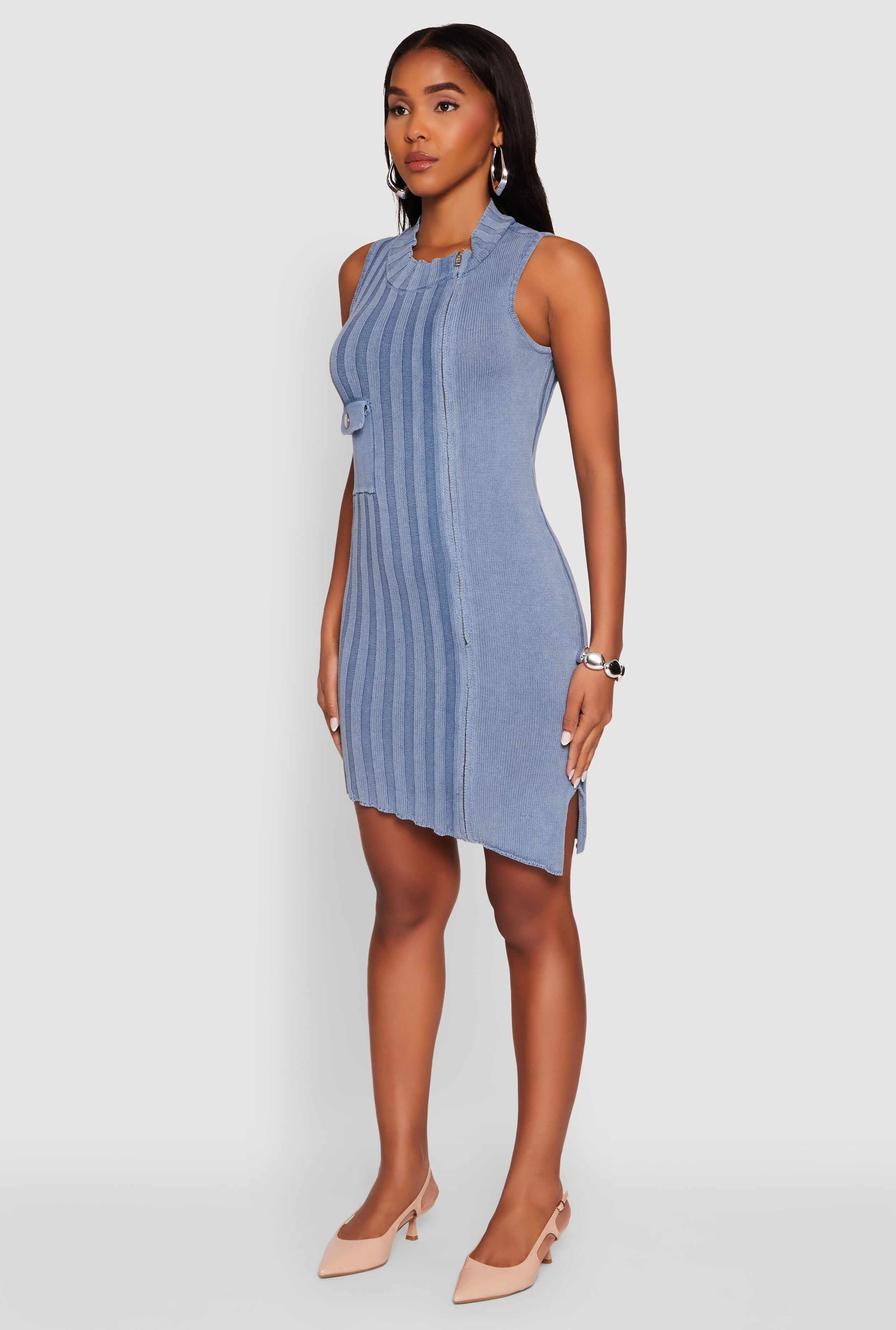 Trendy Sleeveless Mock Neck Zip Front Dress