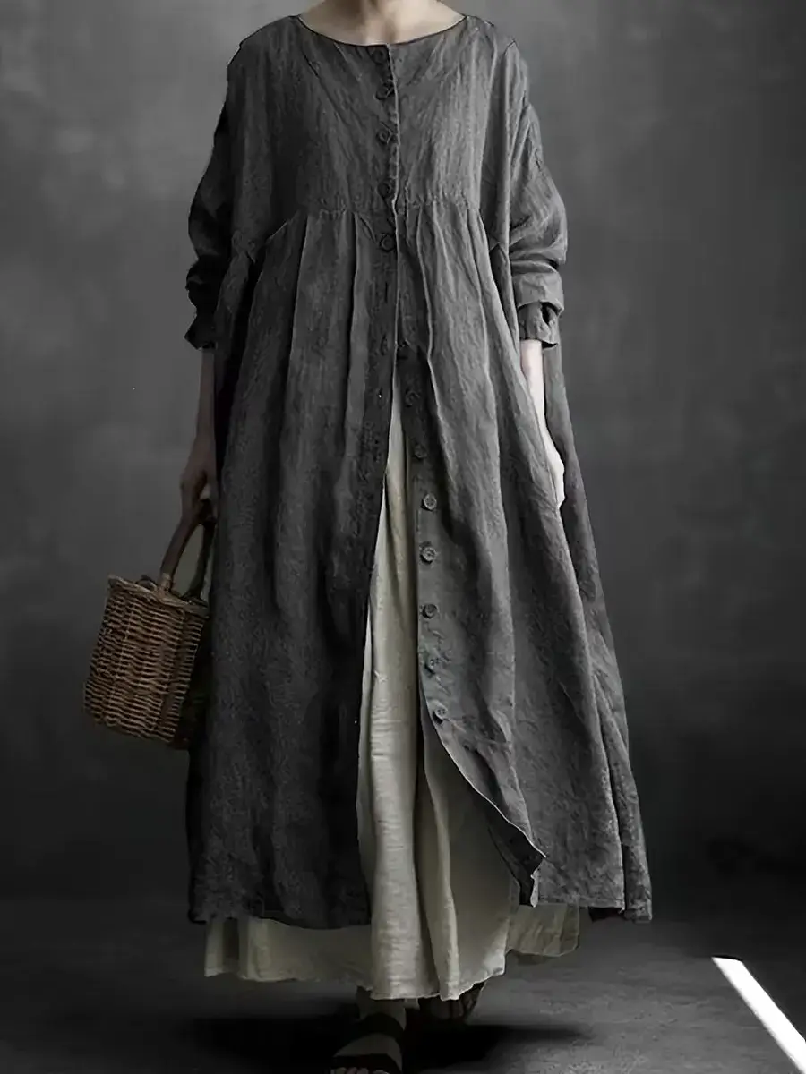 🔥Summer Arrivals🌟Women's Solid Color Art Casual Long Sleeve Cotton Linen Dress