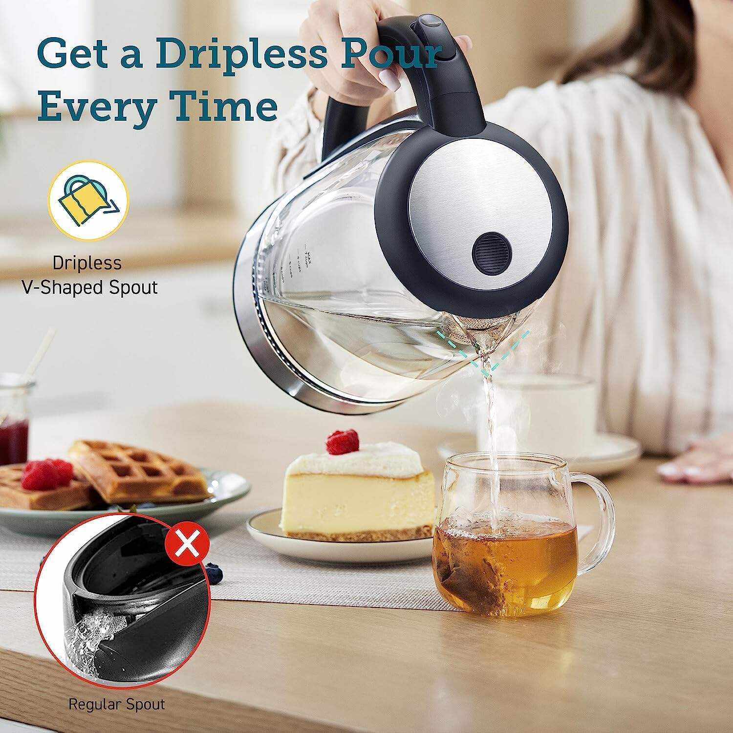 Electric Kettle with Stainless Steel Filter and Inner Lid, 1500W Wide Opening 1.7L Glass Tea Kettle & Hot Water Boiler, LED Indicator Auto Shut-Off & Boil-Dry Protection, BPA Free, Matte Black