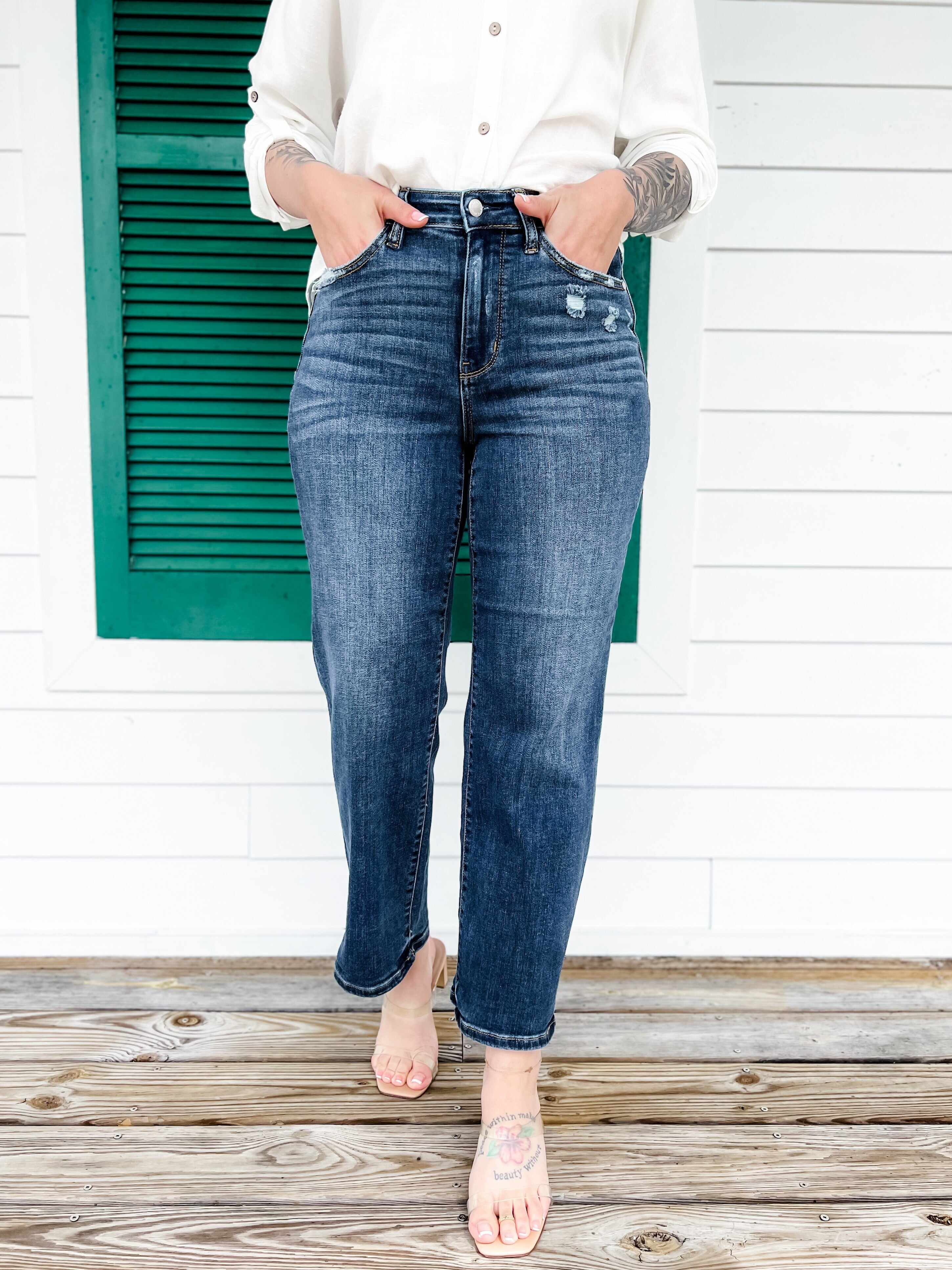 True Obsession Dark Wash Destroyed Pocket Wide Leg Jeans
