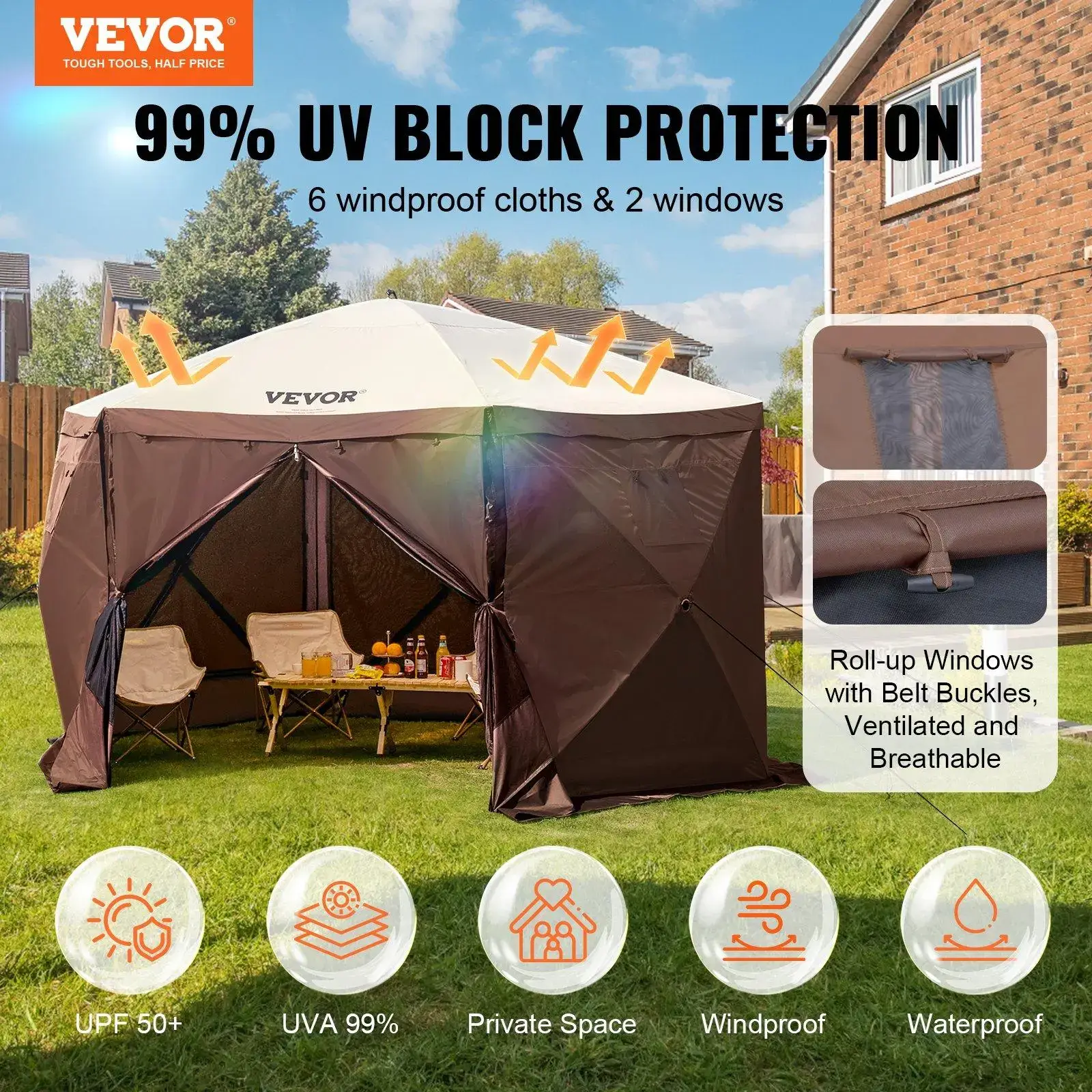 12x12ft 6-Sided Pop Up Screen Gazebo Tent, Outdoor Canopy Shelter With Mesh Windows, Carry Bag & Stakes, Large Shade Tent For Backyard Lawn Camping, Brown/Beige Available