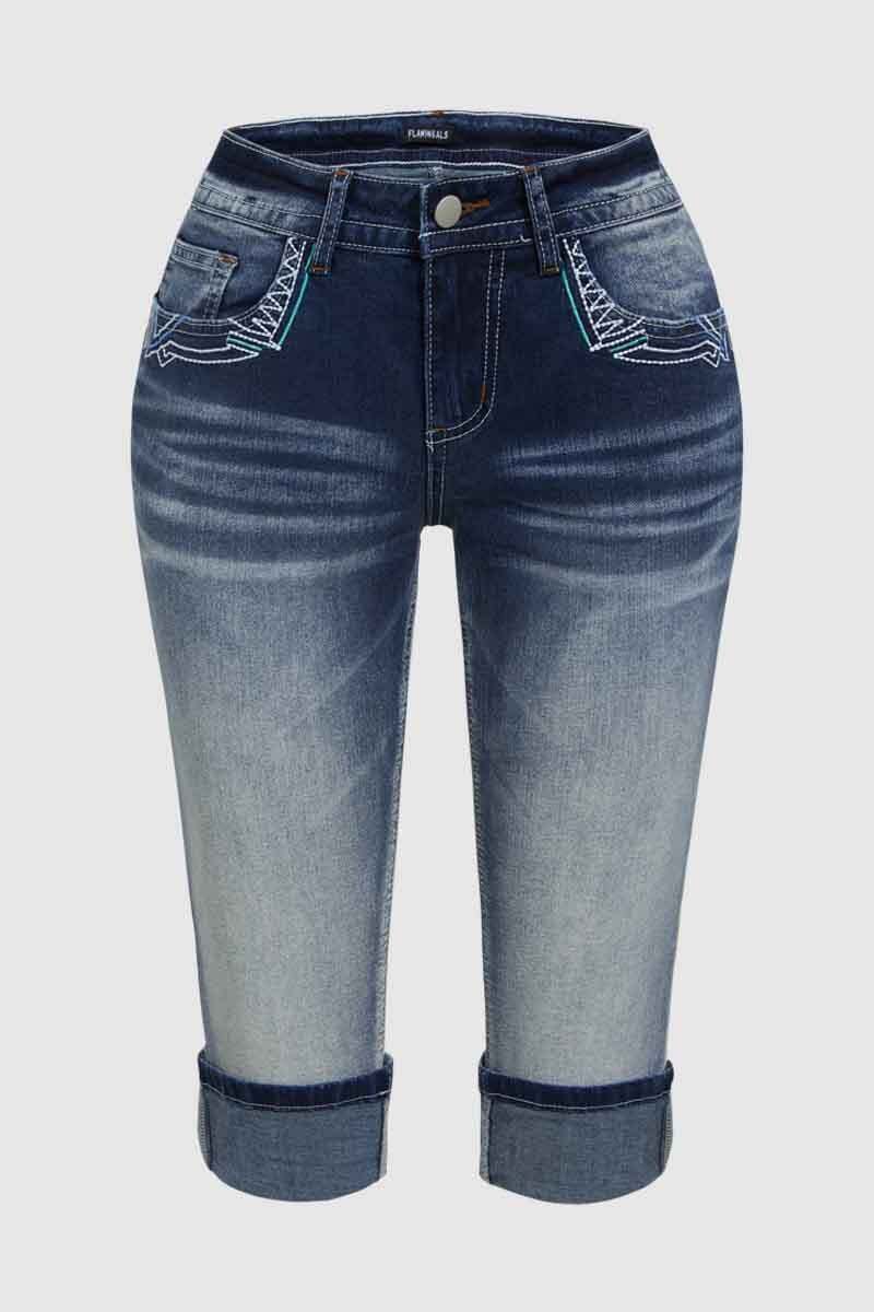 Embroidered Wash High Stretch Low Waist Capri Jeans