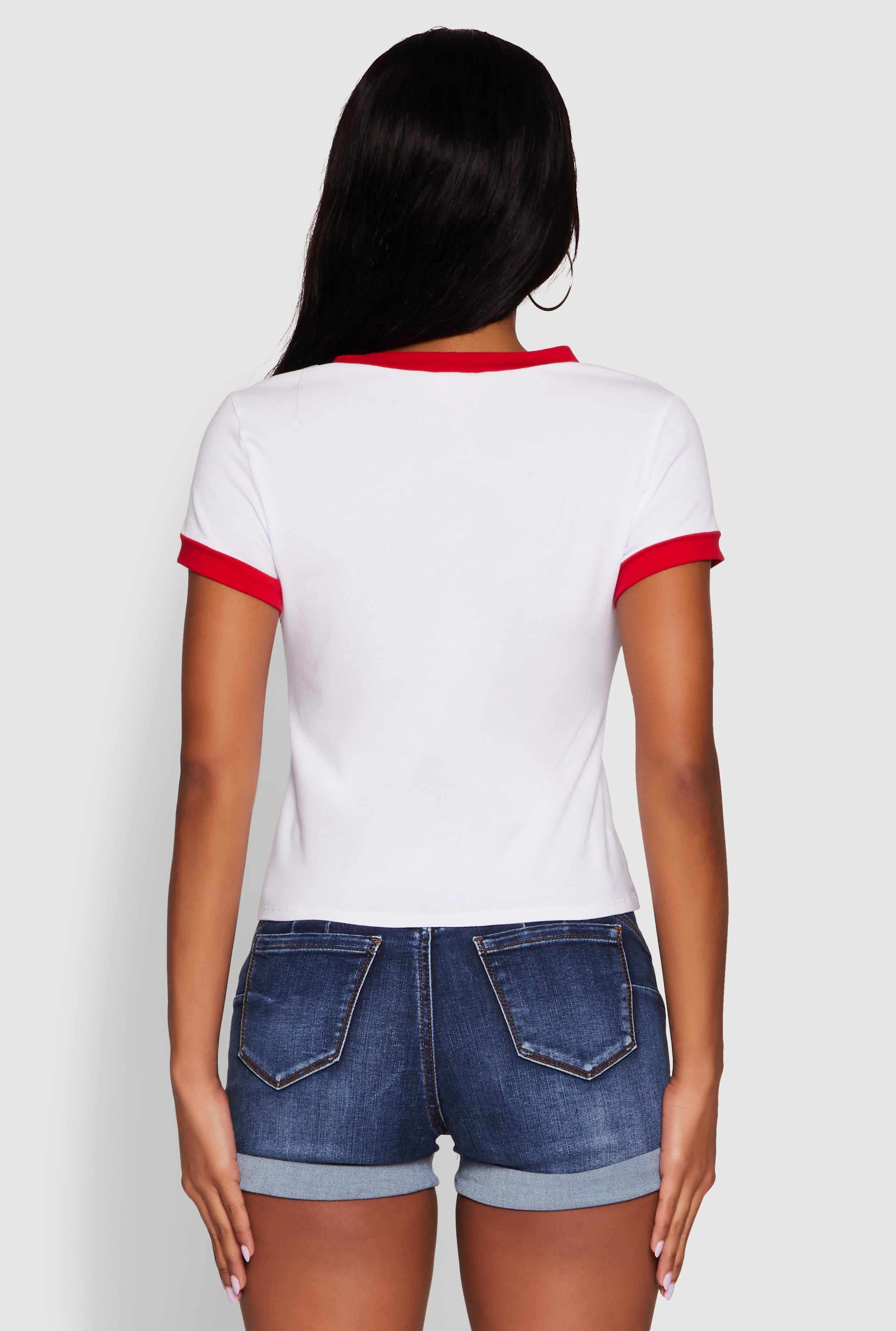 Trendy Graphic Strawberry Teddy Ringer T-Shirt