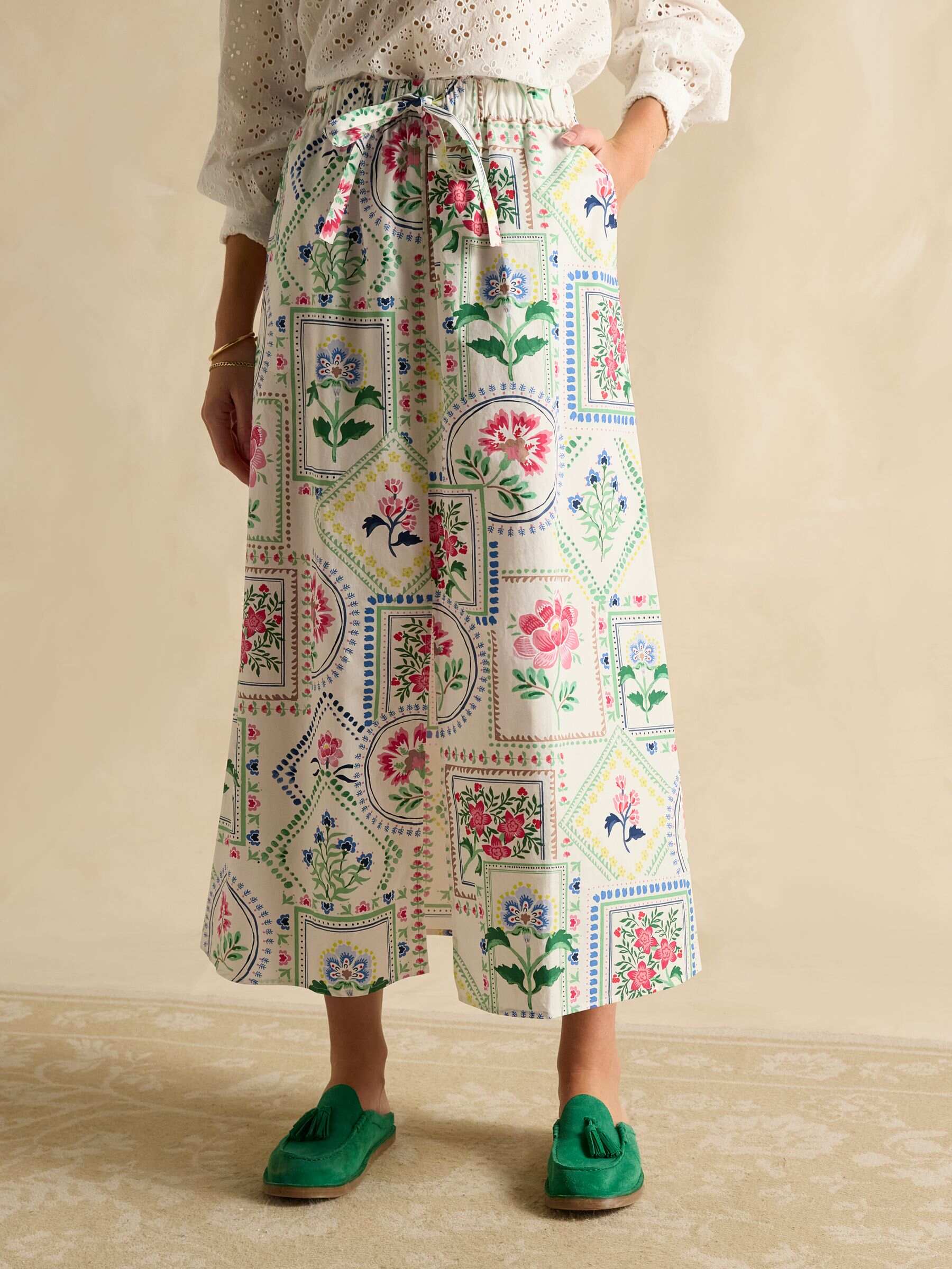 Cream Tile Print Cotton Poplin Midi Skirt